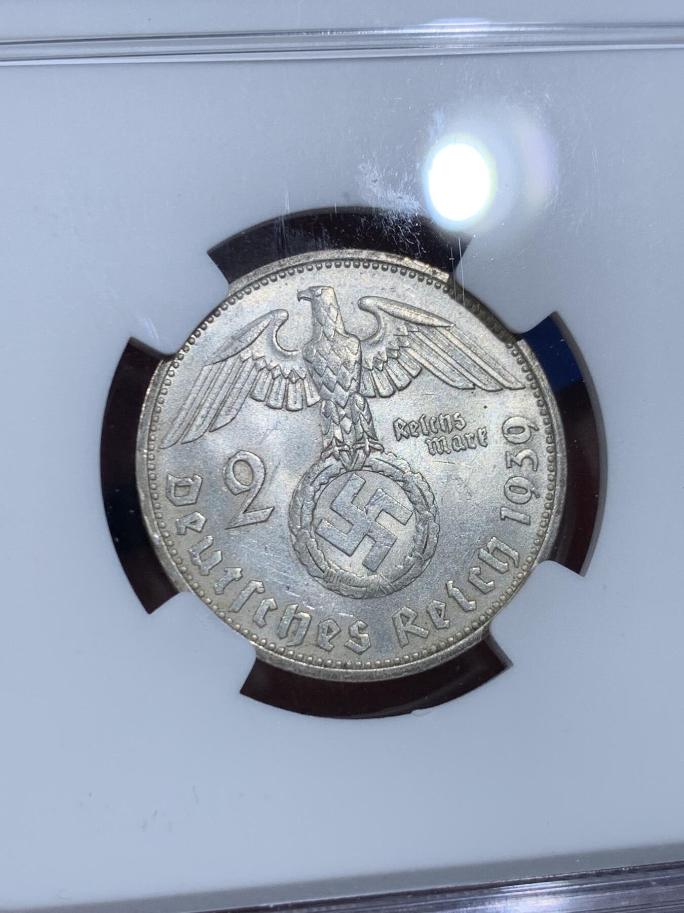 《竞宝斋》第358场 周日，周一  2场连拍 （全场包邮） NGC MS62 德国1939年兴登堡2马克银币