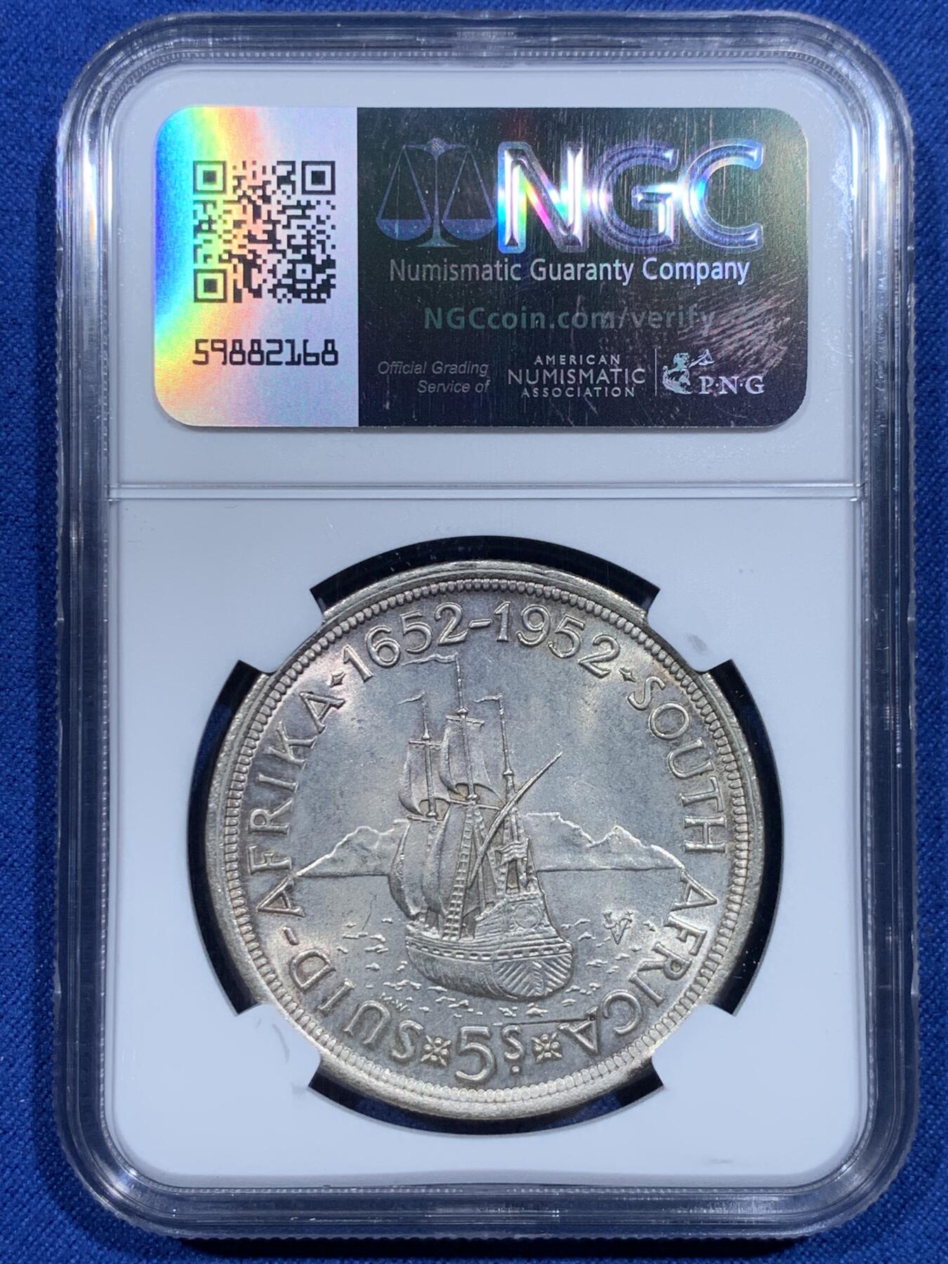 《竞宝斋》第358场 周日，周一  2场连拍 （全场包邮） NGC MS63 南非1952年乔治六世发现开普敦5先令克朗型大银币