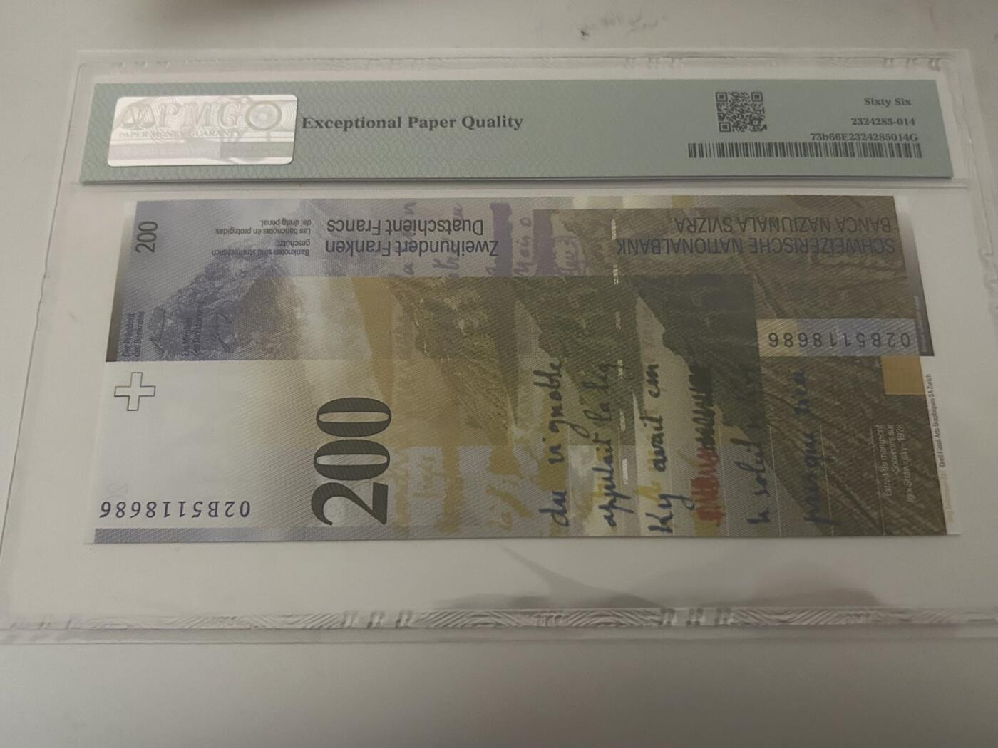 收藏联盟Quantum Auction 第411期拍卖 @征集拍品 长期供货可享分佣福利  2002年瑞士200法郎 无347号码 早期b版PMG66E