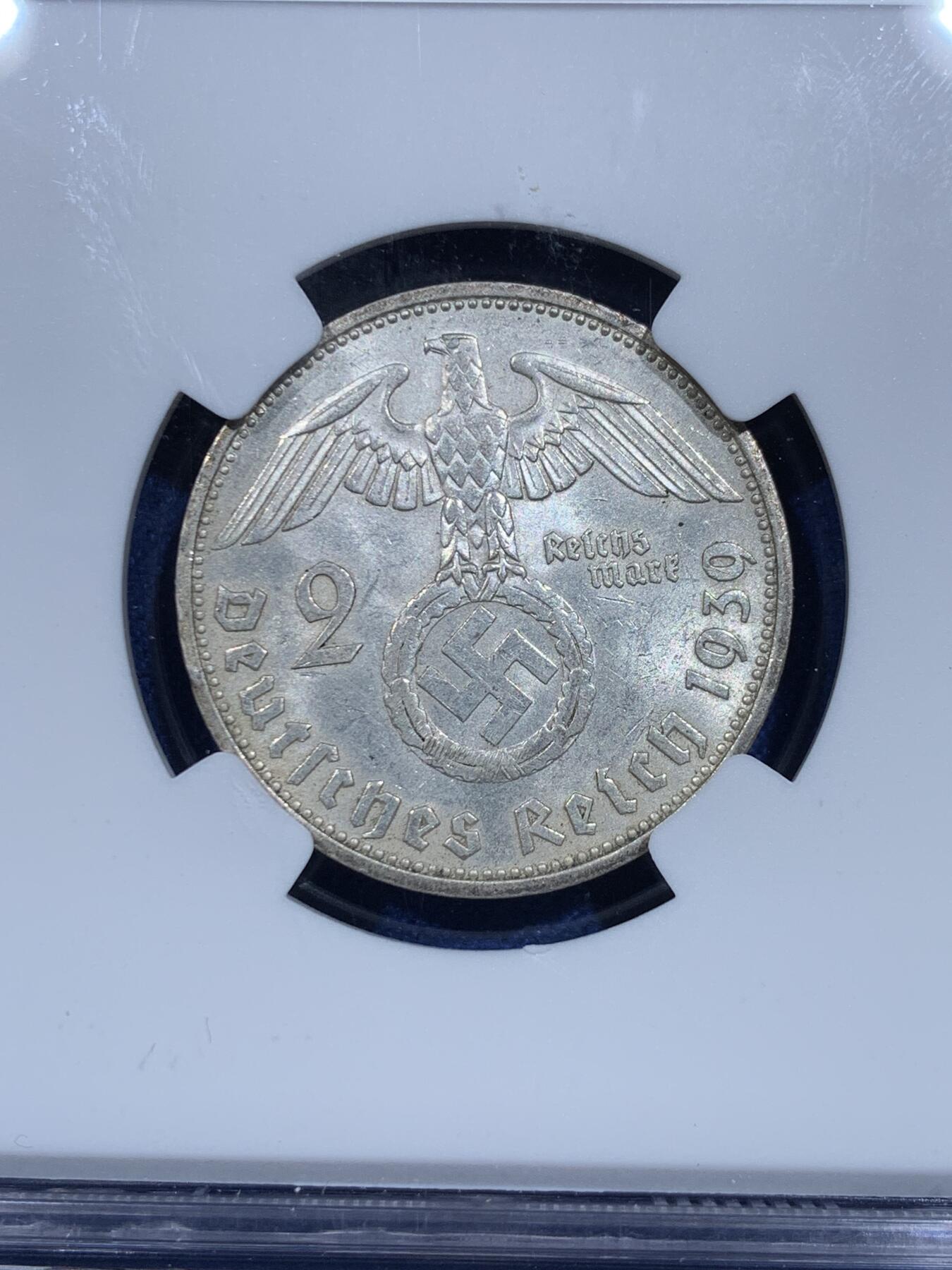 《竞宝斋》第358场 周日，周一  2场连拍 （全场包邮） NGC MS62 德国1939年兴登堡2马克银币