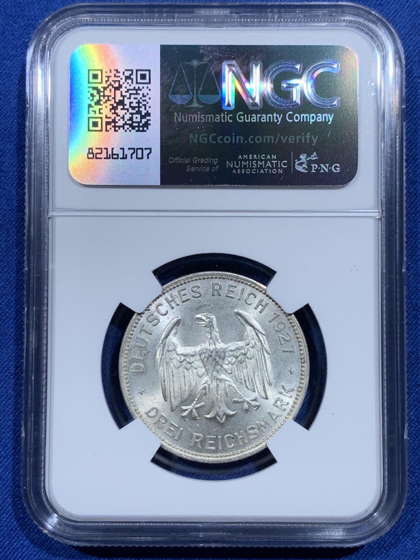 《竞宝斋》第358场 周日，周一  2场连拍 （全场包邮） NGC MS63 德国魏玛1927年图宾根大学3马克银币，正面为大学创始人埃伯哈德公爵，不多见的品种。