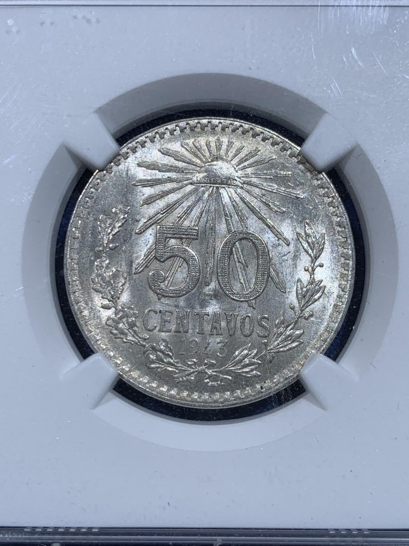 《竞宝斋》第358场 周日，周一  2场连拍 （全场包邮） NGC MS63 墨西哥 1943年 小鹰洋 50分银币