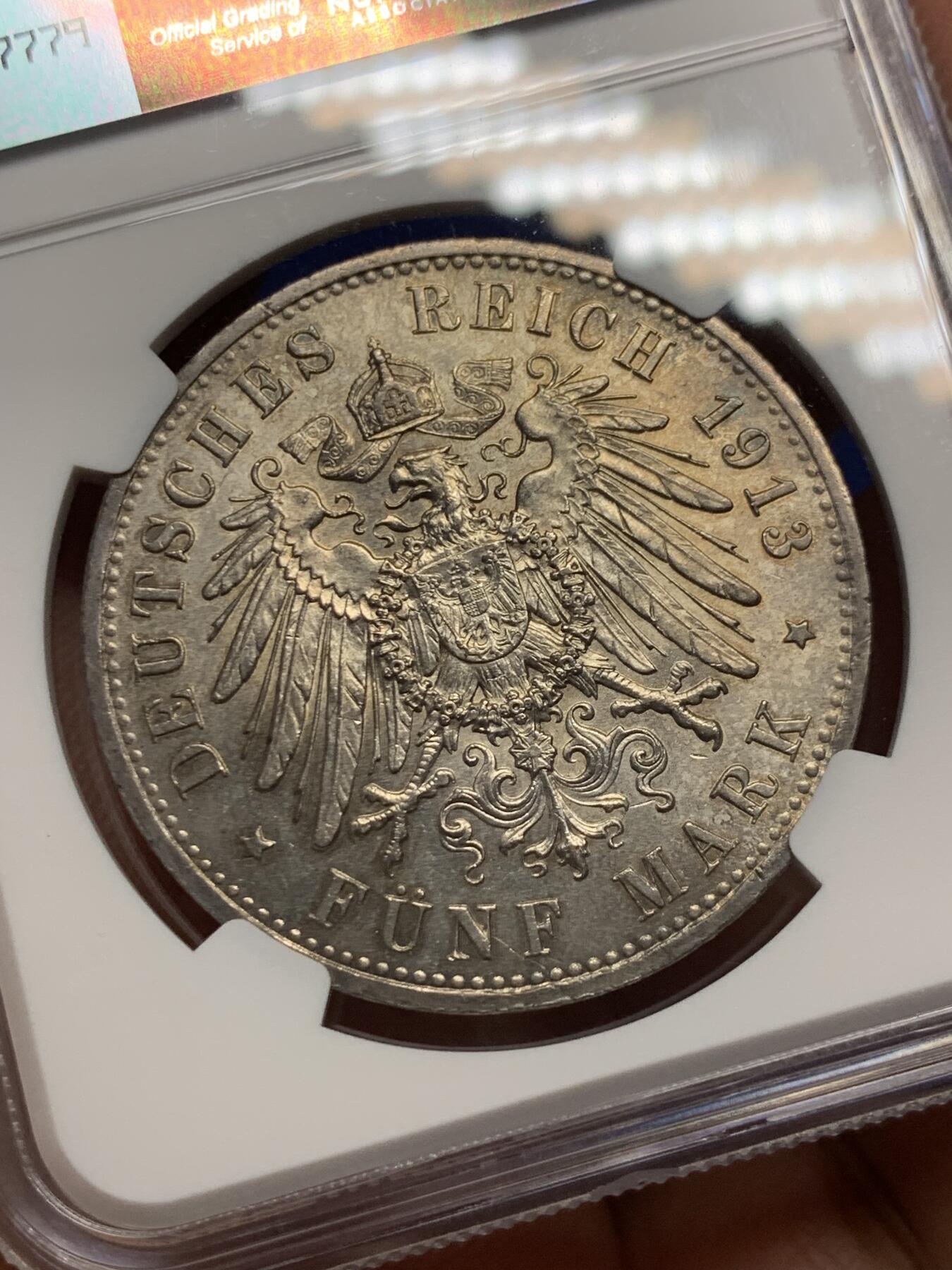 《竞宝斋》第358场 周日，周一  2场连拍 （全场包邮） NGC MS62 德国1913年普鲁士威廉二世军装5马克银币