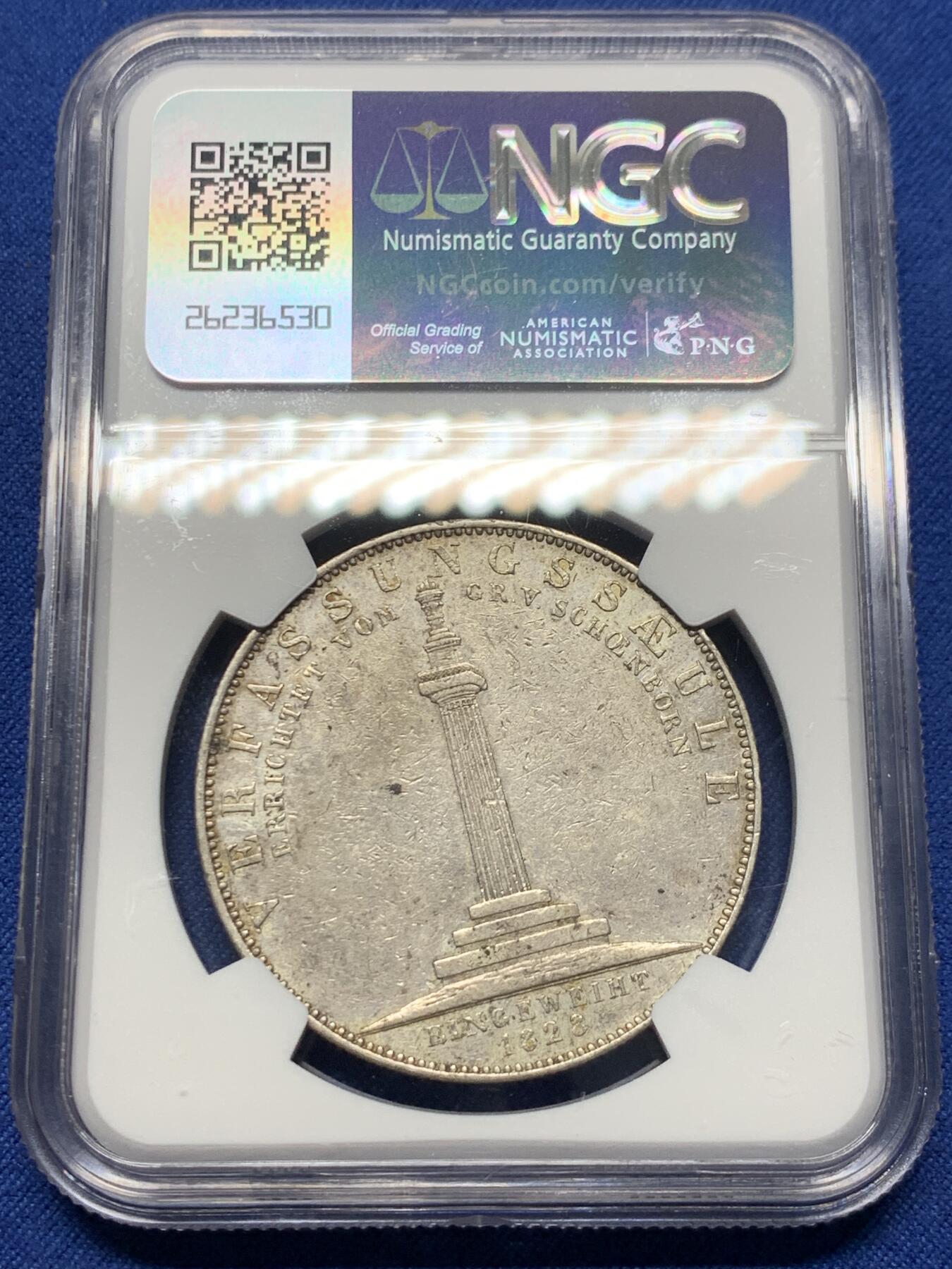 《竞宝斋》第358场 周日，周一  2场连拍 （全场包邮） NGC AUD 德国1828年路德维希-宪法纪念碑落成纪念泰勒大银币 少见品种
