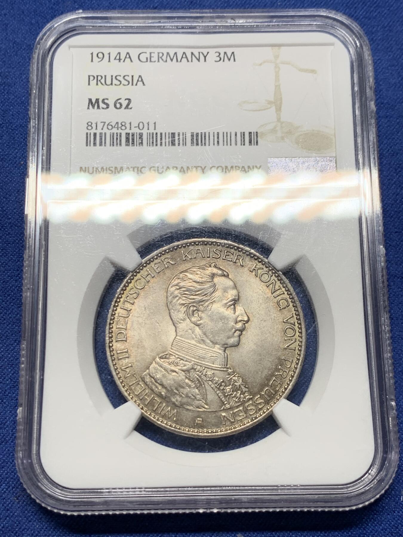 《竞宝斋》第358场 周日，周一  2场连拍 （全场包邮） NGC MS62 德国1914年普鲁士威廉二世军装3马克银币 数量比花枝版稀少