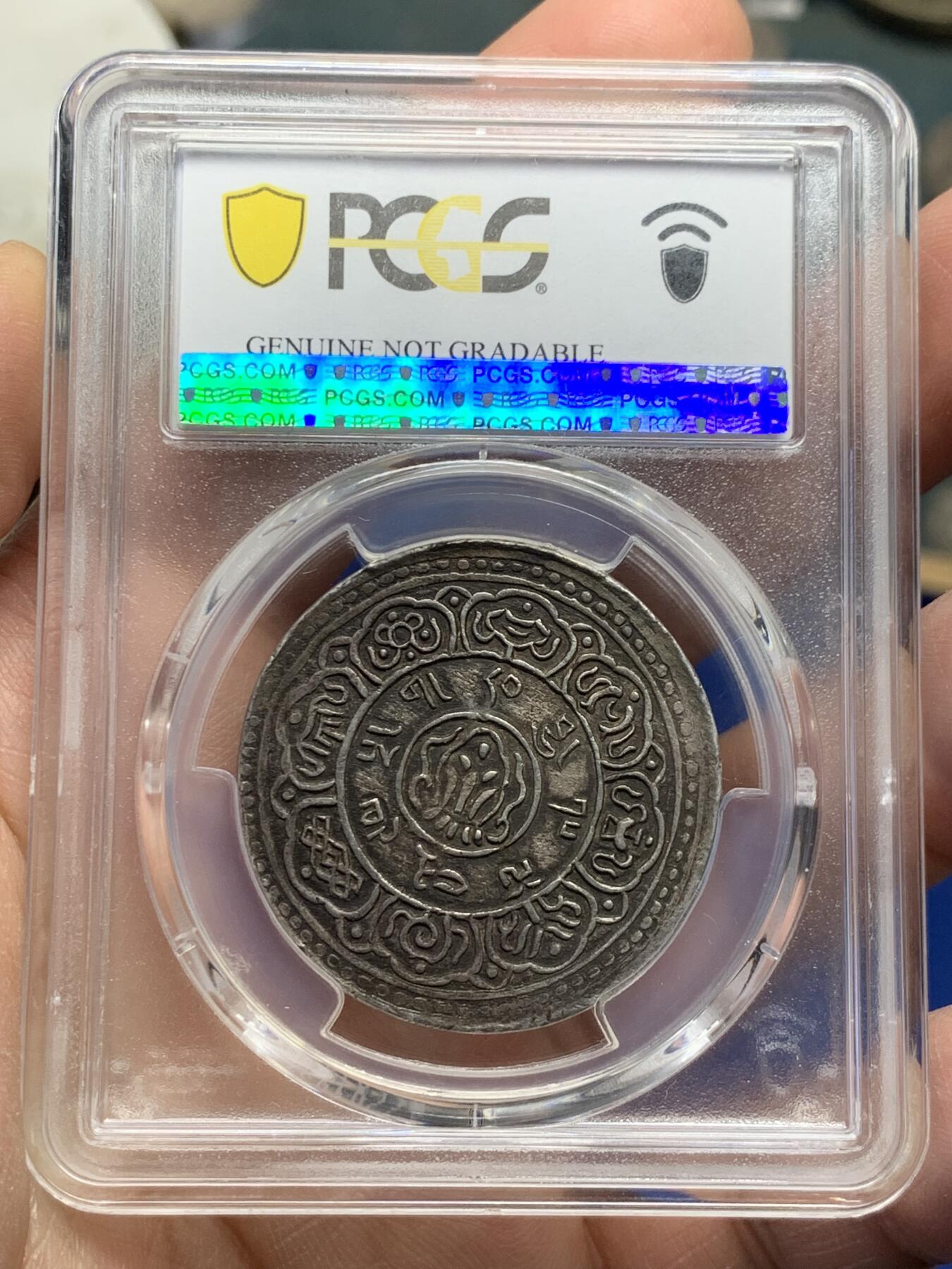 《竞宝斋》第358场 周日，周一  2场连拍 （全场包邮） PCGS XF 1909年西藏大狮子桑康果木一两银币 酱黑色原味包浆 宣统元年藏币名誉品 边并没有看到PC标注问题 AU底板 明显低评