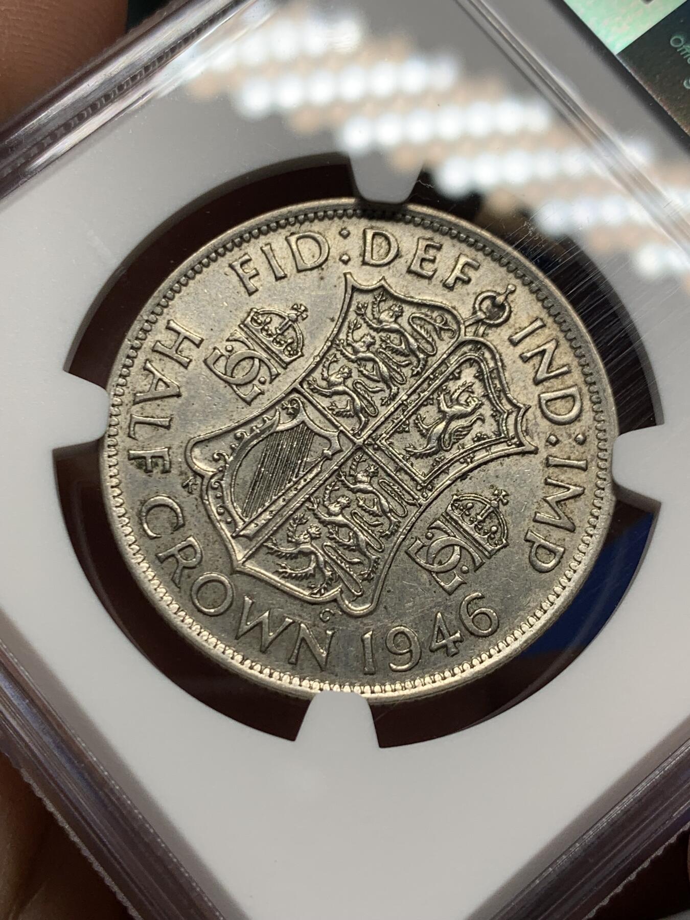 《竞宝斋》第358场 周日，周一  2场连拍 （全场包邮） NGC AU50 英国1946年乔治六世半克朗银币