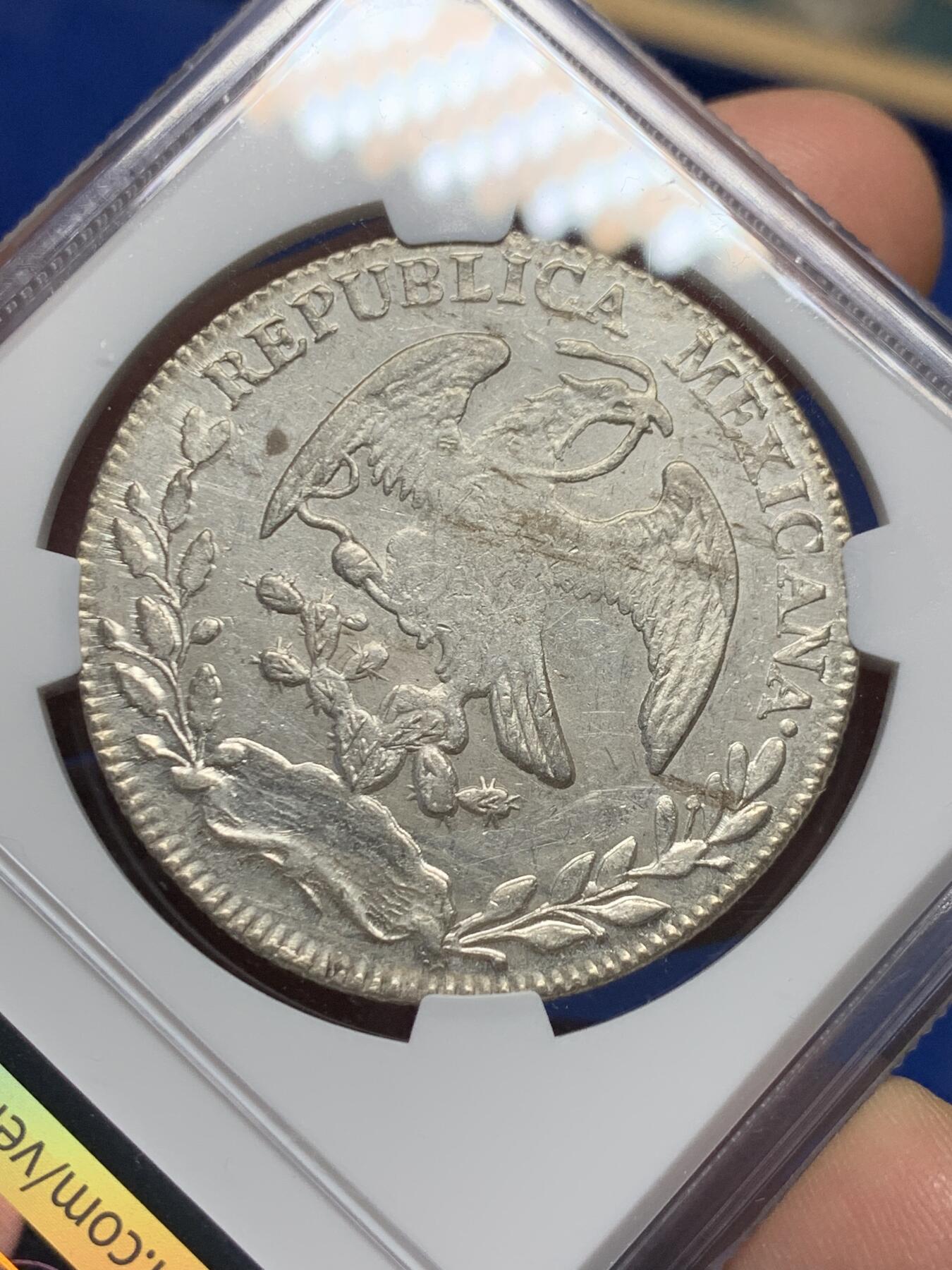 《竞宝斋》第358场 周日，周一  2场连拍 （全场包邮） NGC AU58 墨西哥1861年zs厂鹰洋银币 少见早中期鹰洋 好状态严评