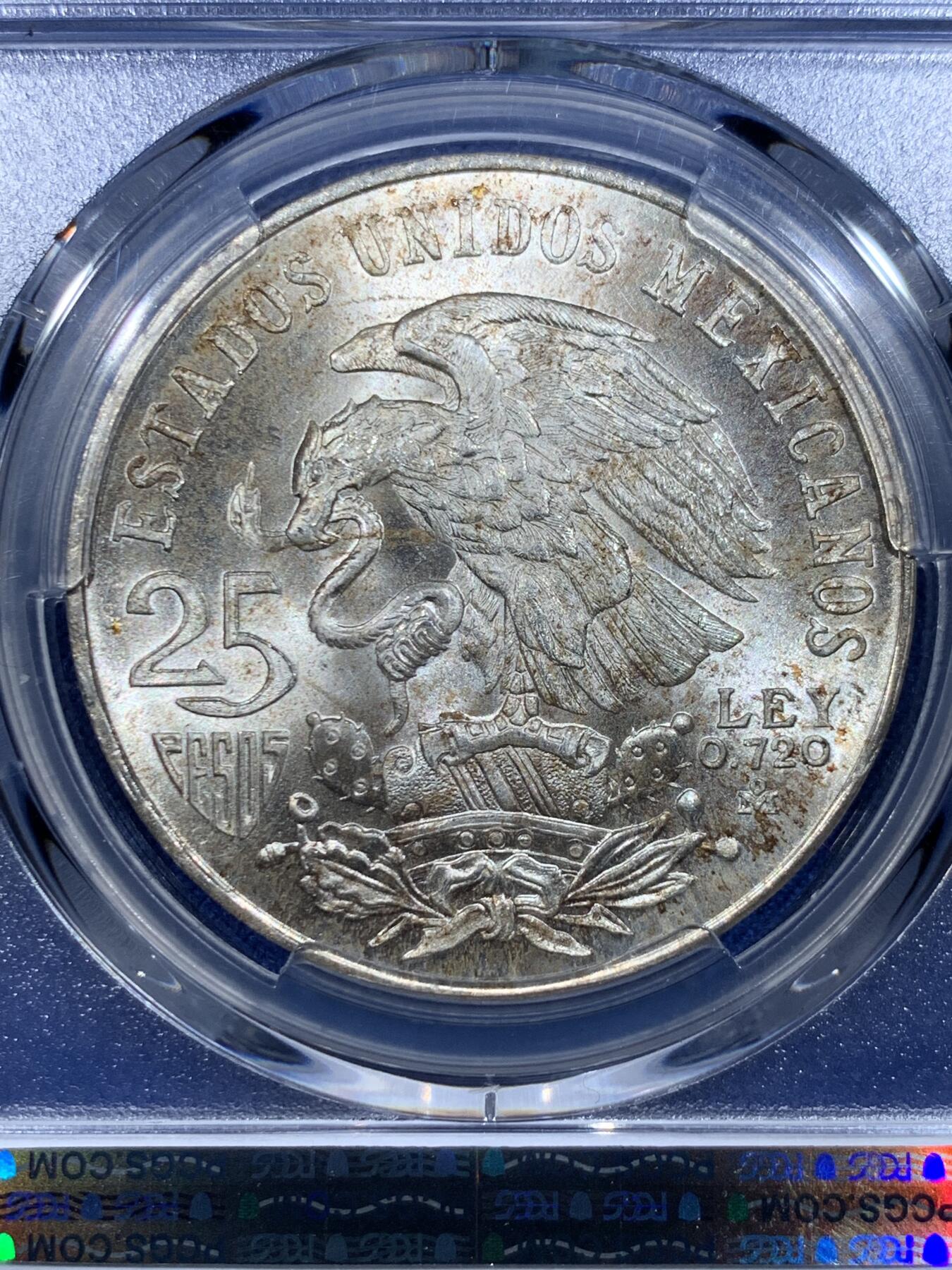 《竞宝斋》第358场 周日，周一  2场连拍 （全场包邮） PCGS MS67 超高分 1968墨西哥25比索 奥运纪念银币 两面爆光 包浆非常好看 状态不输68