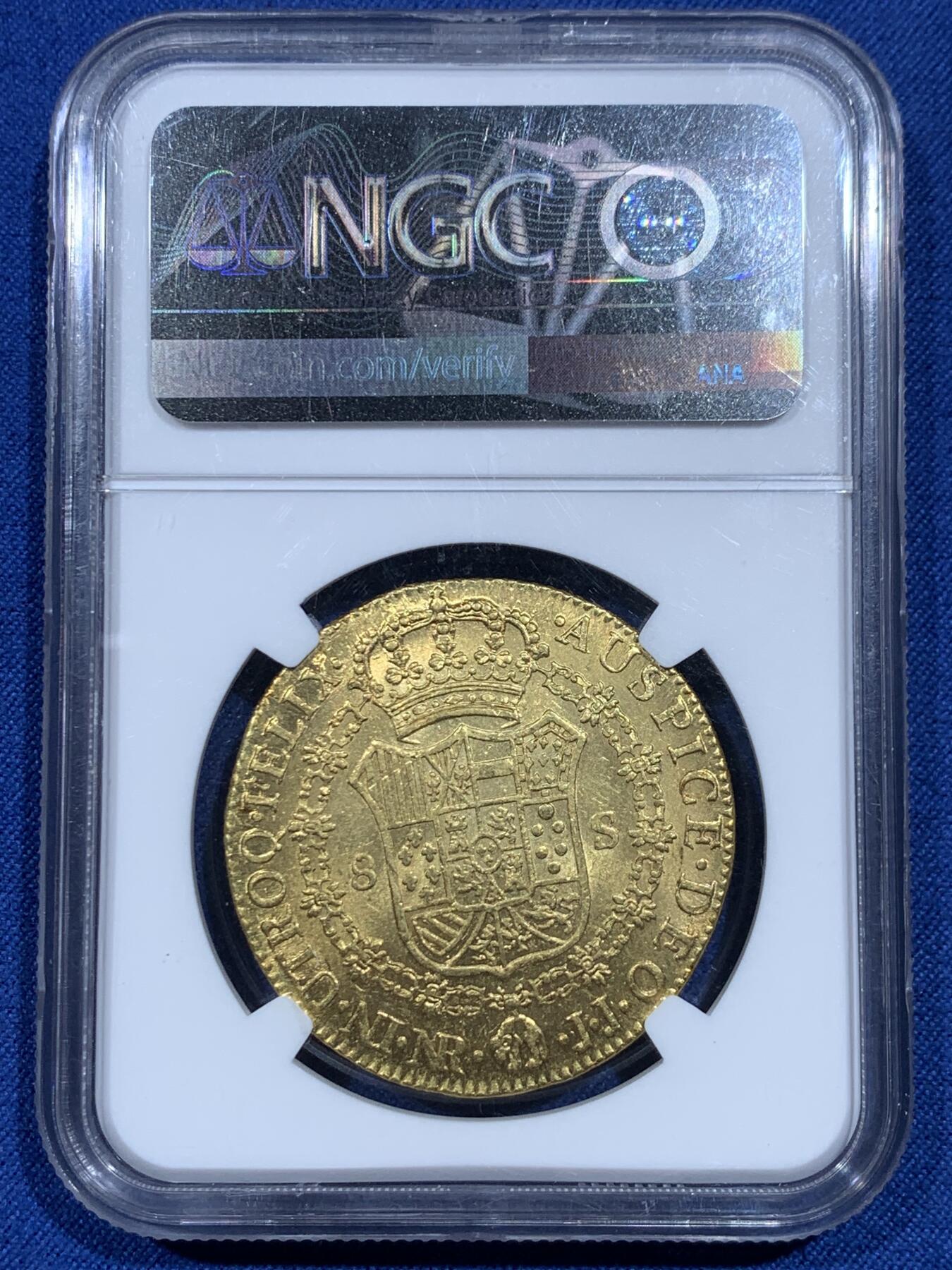 《竞宝斋》第358场 周日，周一  2场连拍 （全场包邮） 冠军分 NGC MS63 哥伦比亚 1800/799 卡洛斯四世 骑字版 8E大金币 双面深打光度好 版本更是少见 推荐！