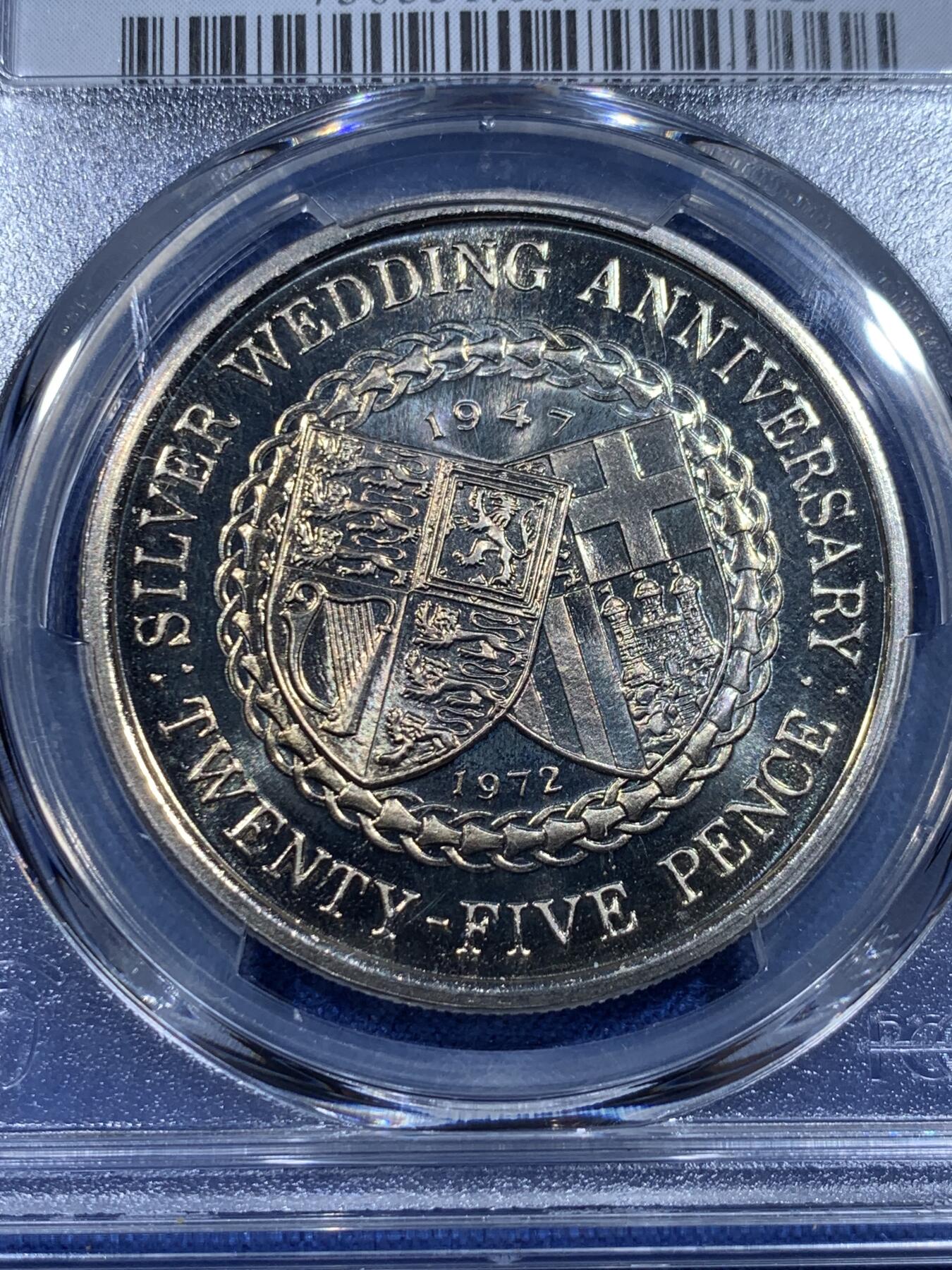 《竞宝斋》第358场 周日，周一  2场连拍 （全场包邮） PCGS MS66 马恩岛1972年25便士克朗形纪念币！伊丽莎白二世银婚纪念，冠军分！PL状态漂亮！