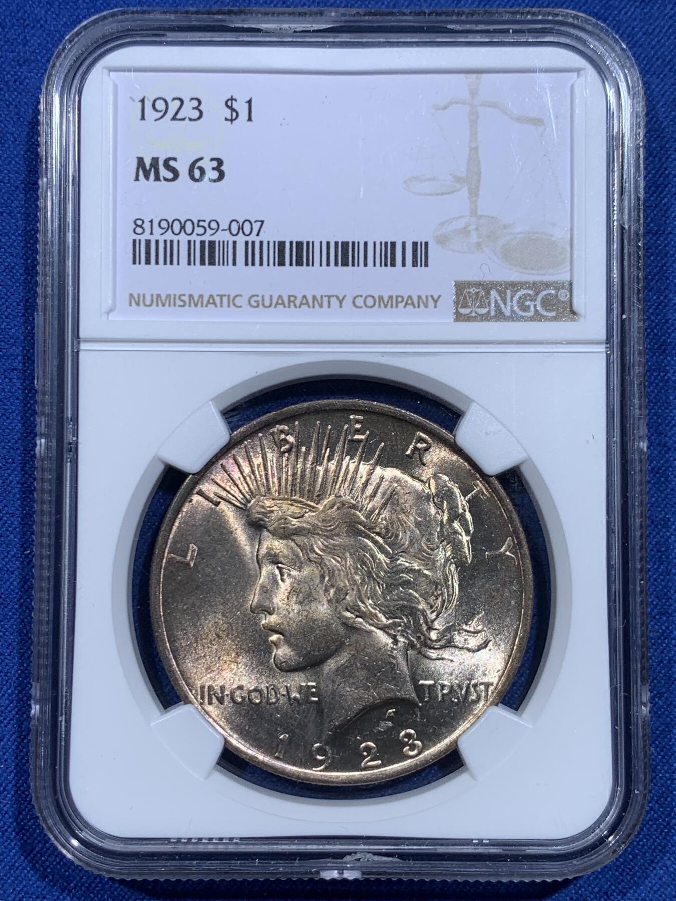 《竞宝斋》第358场 周日，周一  2场连拍 （全场包邮） NGC MS63 美国1923年和平鸽1美元银币