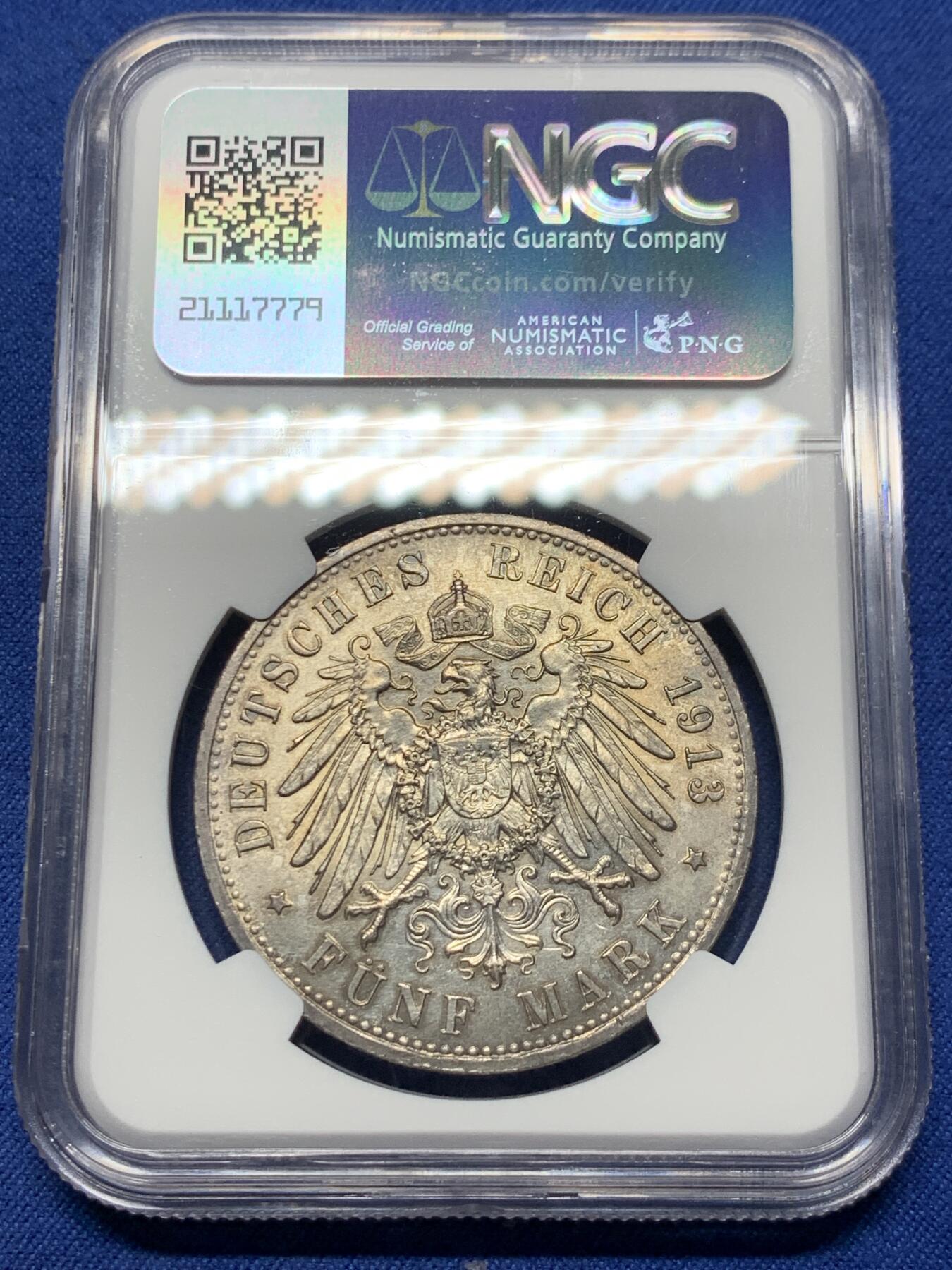 《竞宝斋》第358场 周日，周一  2场连拍 （全场包邮） NGC MS62 德国1913年普鲁士威廉二世军装5马克银币