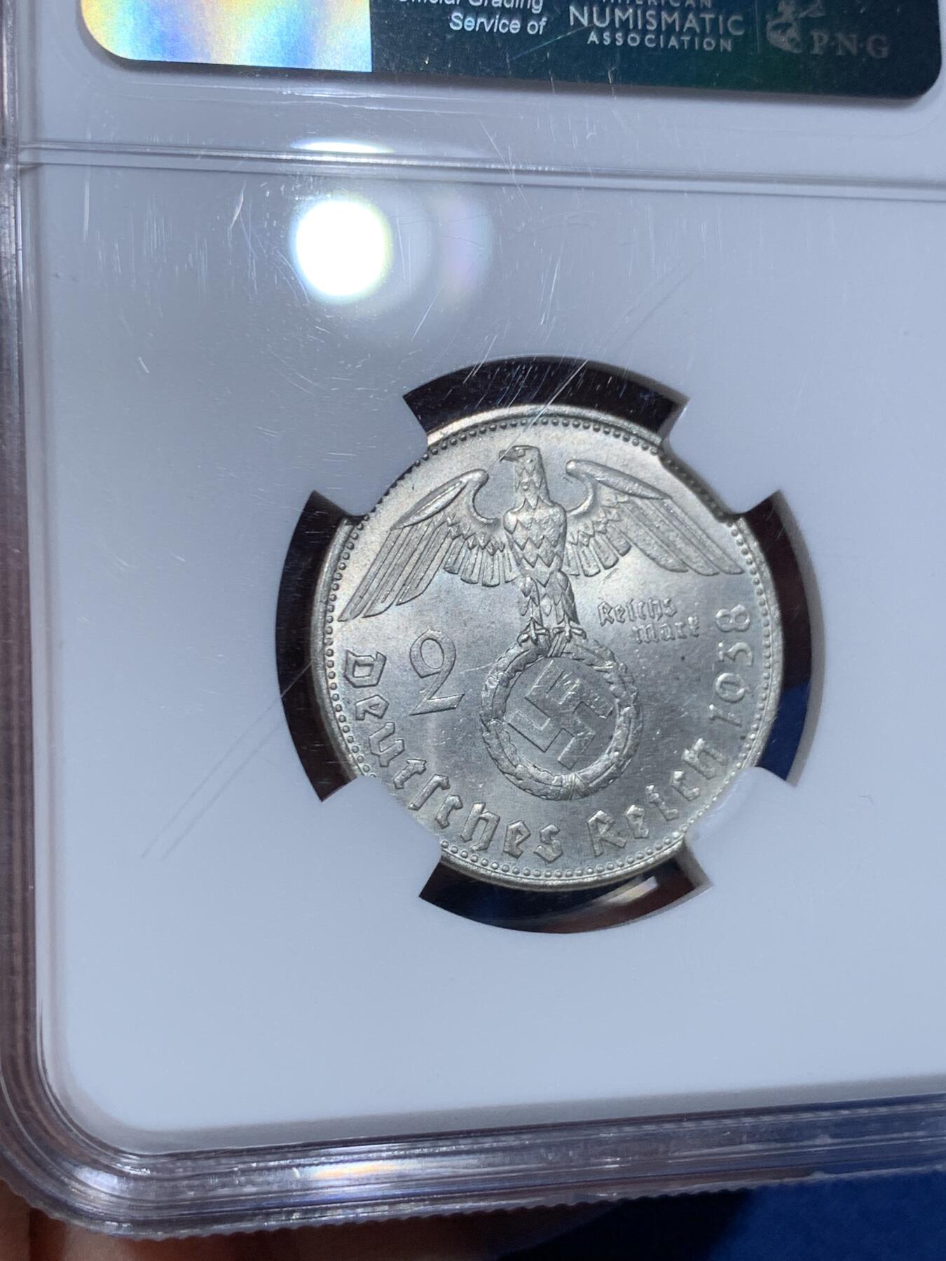 《竞宝斋》第358场 周日，周一  2场连拍 （全场包邮） NGC MS65 德国1938年2马克银币，冠军分 银光闪耀