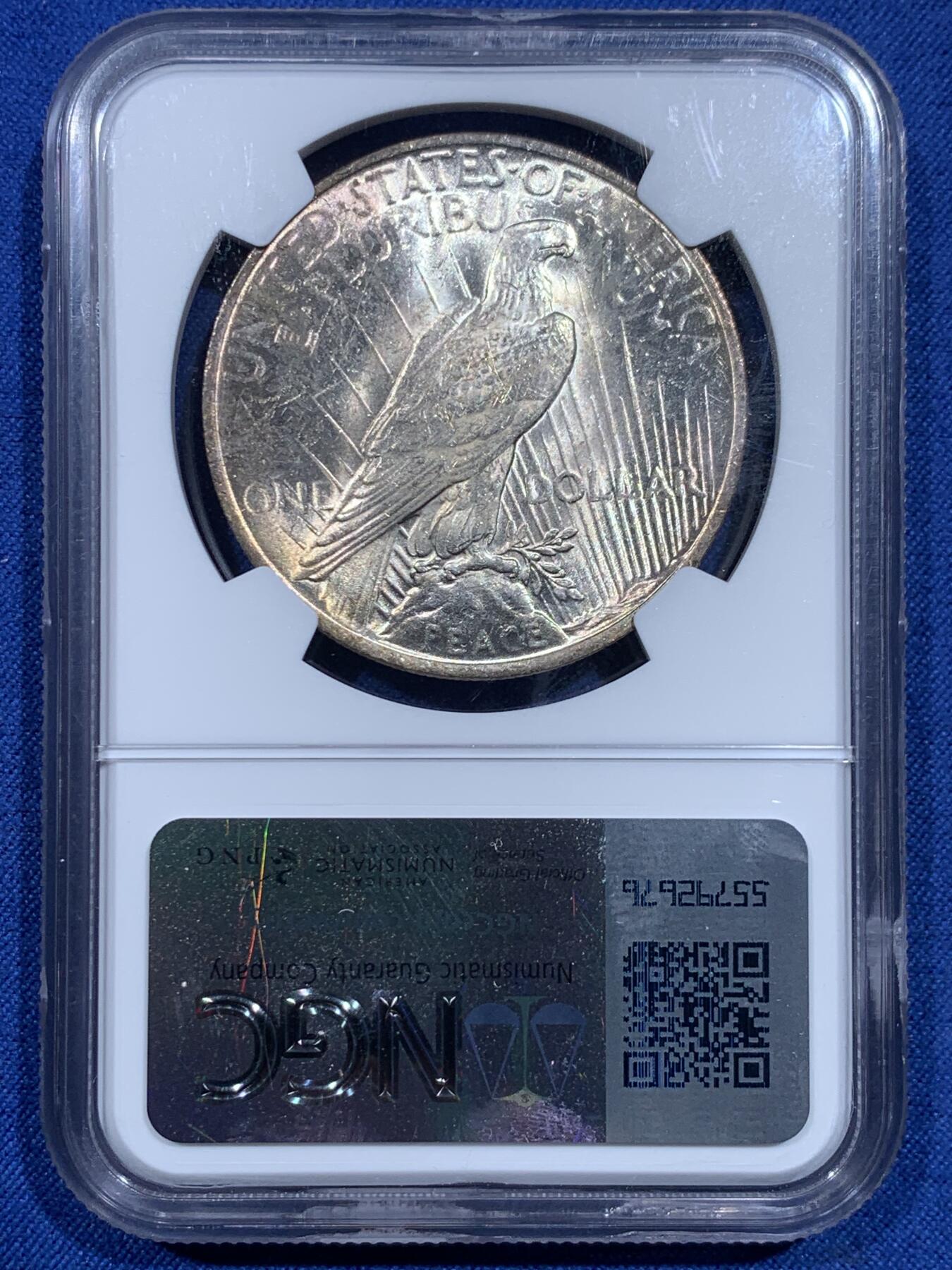 《竞宝斋》第358场 周日，周一  2场连拍 （全场包邮） NGC MS63 美国1923年和平鸽1美元银币