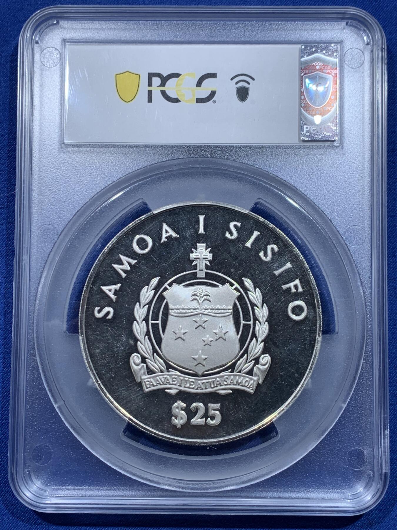 《竞宝斋》第358场 周日，周一  2场连拍 （全场包邮） PCGS PR66DCAM 萨摩亚1986年25元精制银币 康提基号帆船筏-从秘鲁卡亚俄到塔希提岛（1947 年） 5盎司155.5克999银 发行量：2万5千 盒证全 高评级数量6枚 新加坡代铸 带盒证 大盒封装