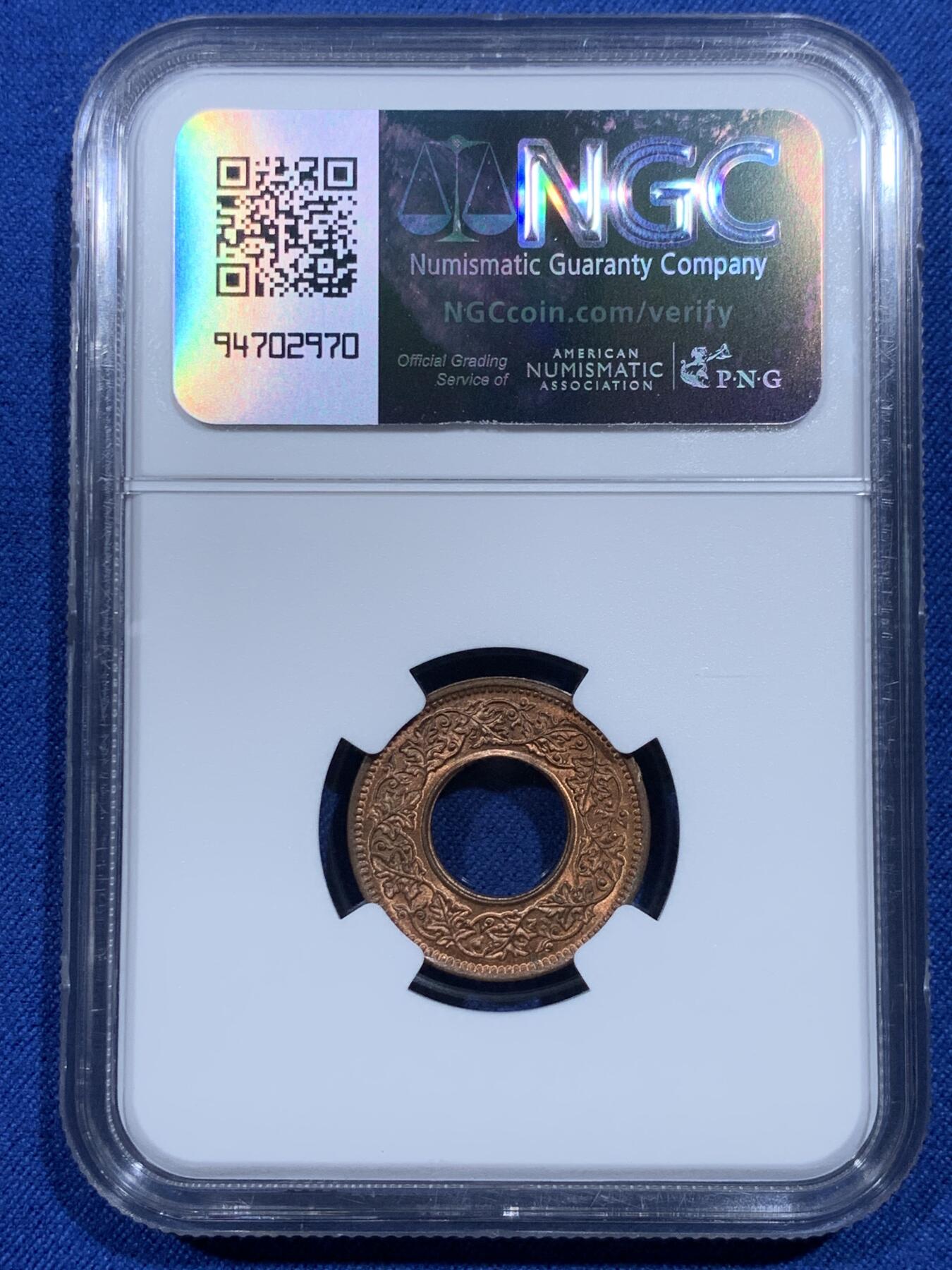 《竞宝斋》第358场 周日，周一  2场连拍 （全场包邮） NGC MS65RB 1945印度1派沙 孟买造币厂 卷拆品相 铜光充沛 性价比高