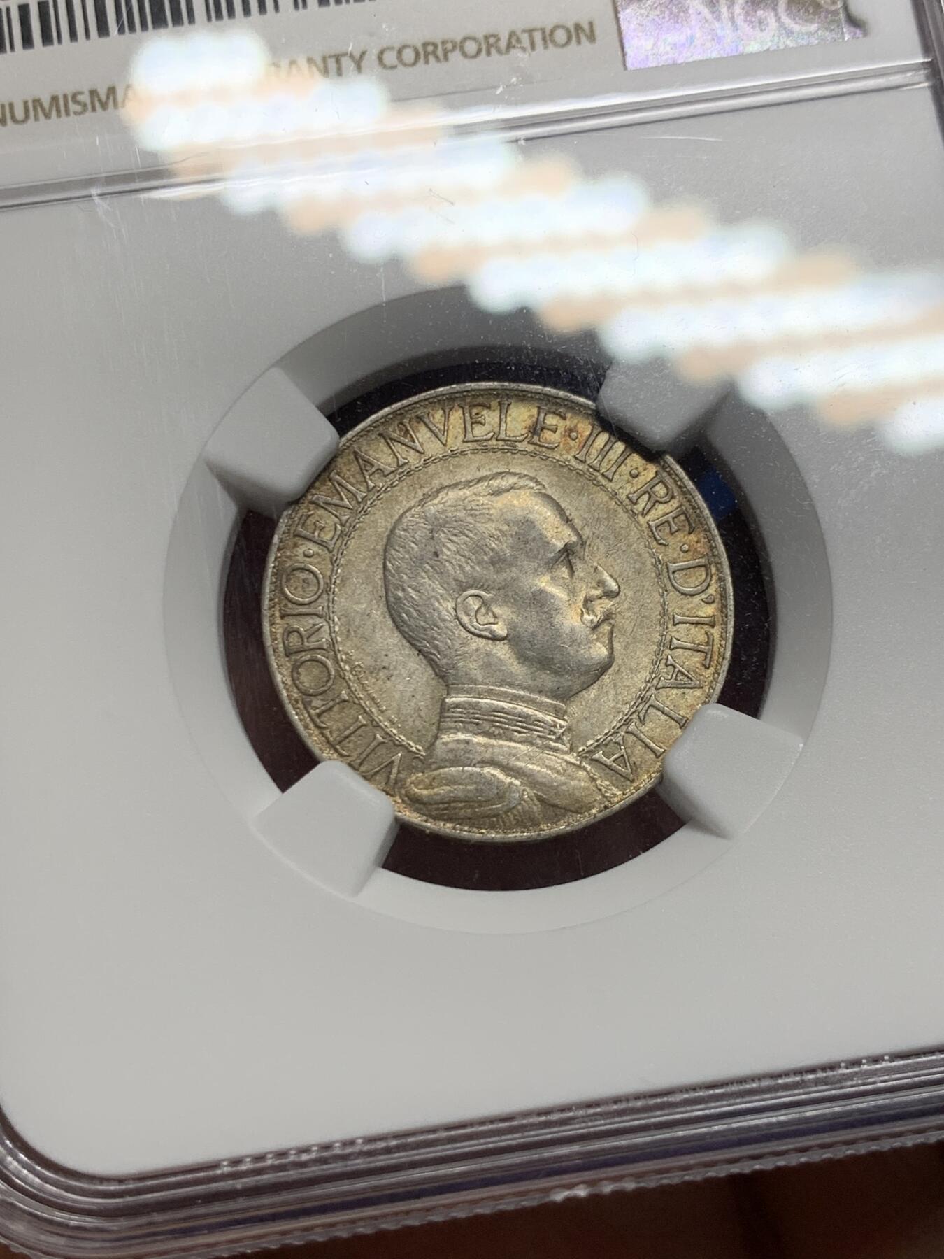 《竞宝斋》第358场 周日，周一  2场连拍 （全场包邮） NGC AU58 意大利1913年圈版马车里拉银币
