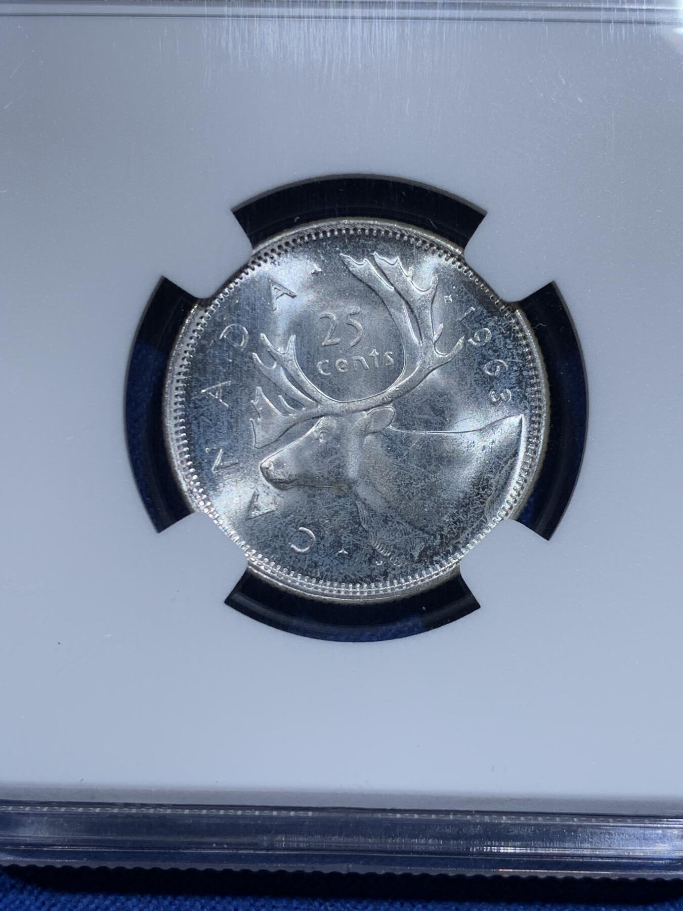 《竞宝斋》第358场 周日，周一  2场连拍 （全场包邮） NGC MS64 加拿大1963年伊丽莎白25分麋鹿银币