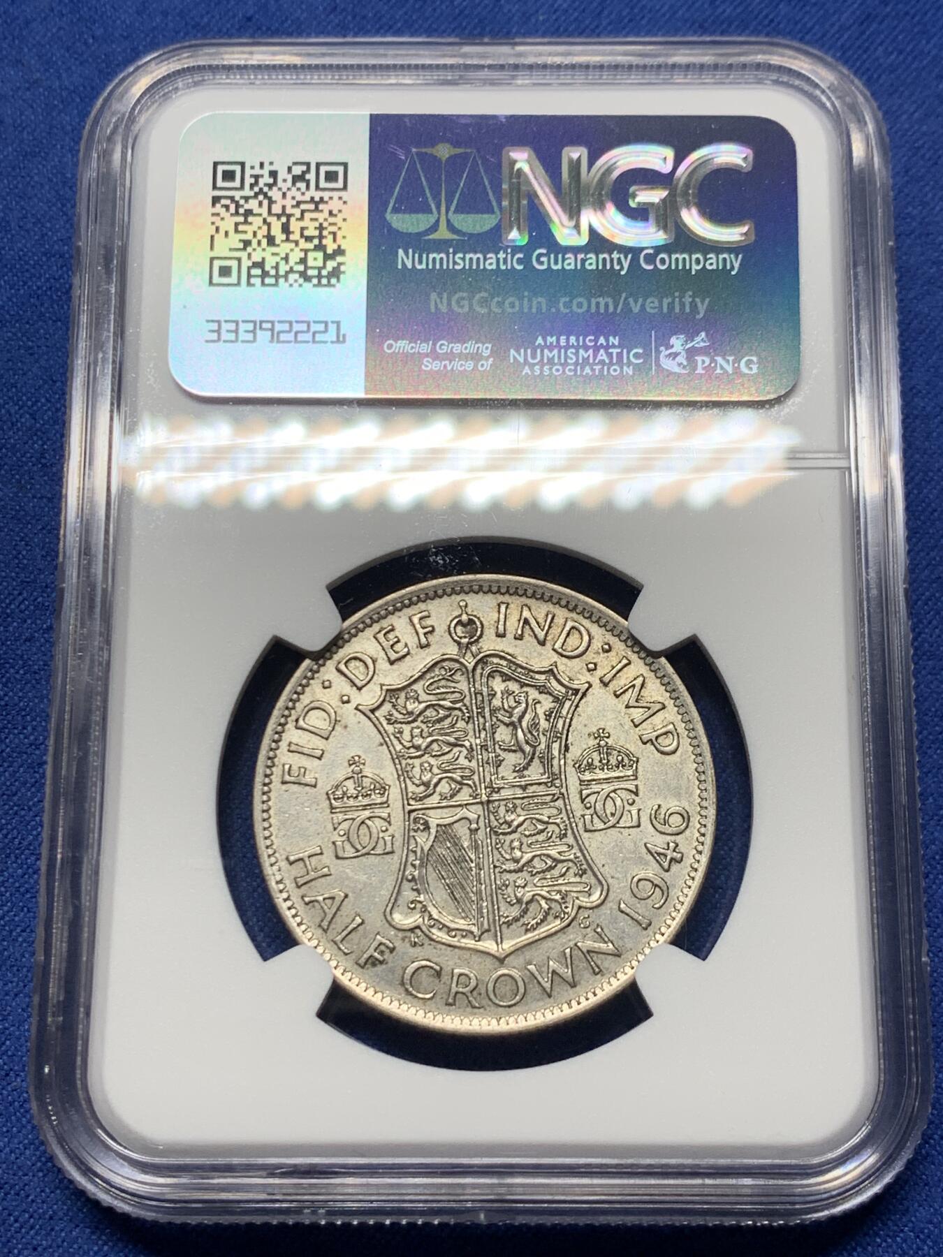 《竞宝斋》第358场 周日，周一  2场连拍 （全场包邮） NGC AU50 英国1946年乔治六世半克朗银币