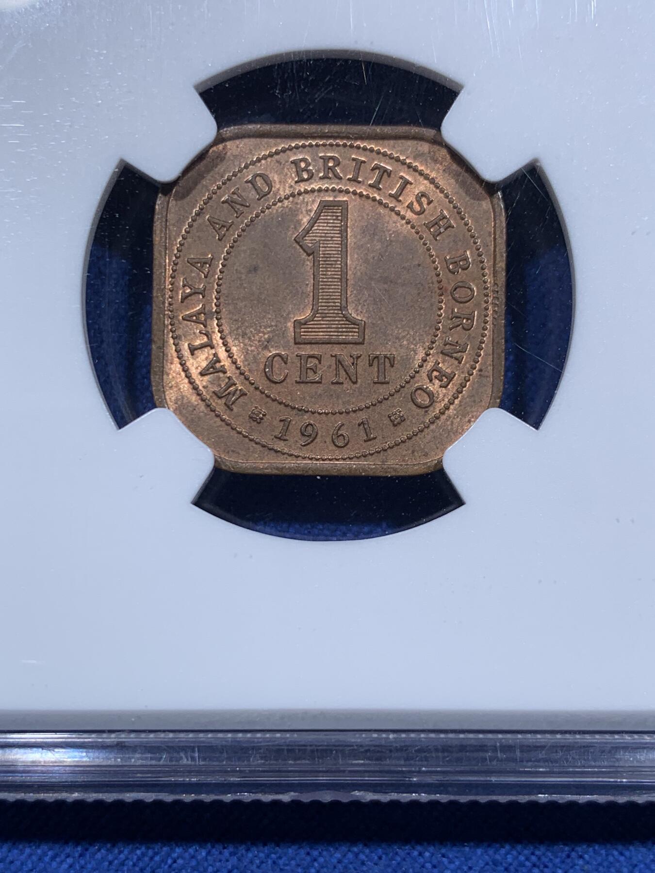 《竞宝斋》第358场 周日，周一  2场连拍 （全场包邮） 两枚一组 NGC MS63 英属马来亚婆罗洲1961年伊丽莎白二世1分铜币 原味包浆 + 英国1967年伊丽莎白二世1便士铜币 原味包浆