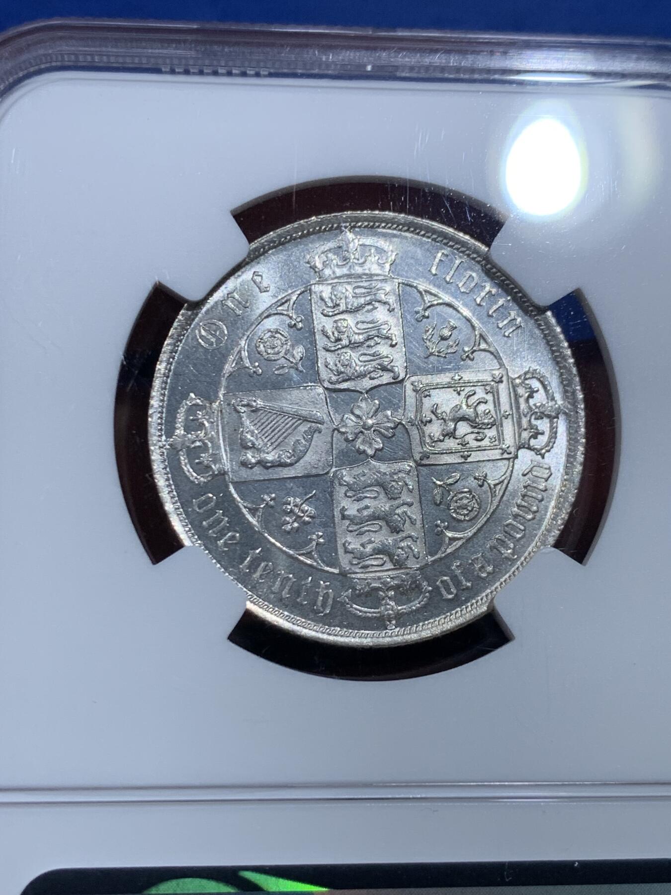 《竞宝斋》第358场 周日，周一  2场连拍 （全场包邮） NGC MS62 英国1886年维多利亚哥特版佛罗林银币 转光底板 经典小维头像