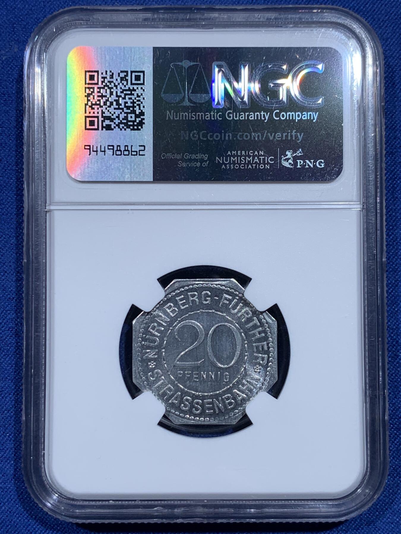 《竞宝斋》第358场 周日，周一  2场连拍 （全场包邮） NGC MS65 德国1920年纽伦堡电车八角代用币