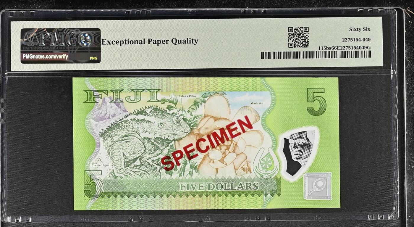 收藏联盟Quantum Auction 第411期拍卖 @征集拍品 长期供货可享分佣福利  2023年斐济5元 样鈔 PMG66E Fiji, Reserve Bank                       