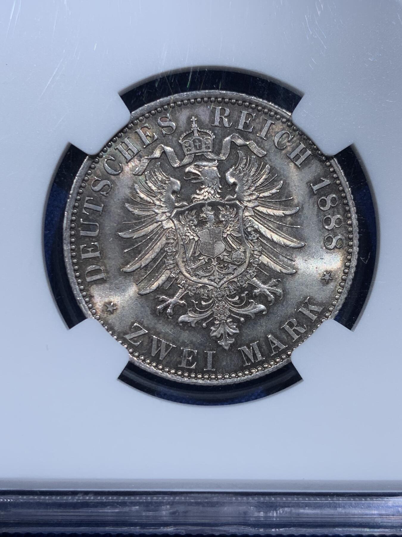 《竞宝斋》第358场 周日，周一  2场连拍 （全场包邮） NGC MS63 德国1888年弗里德里希2马克银币 状态不错