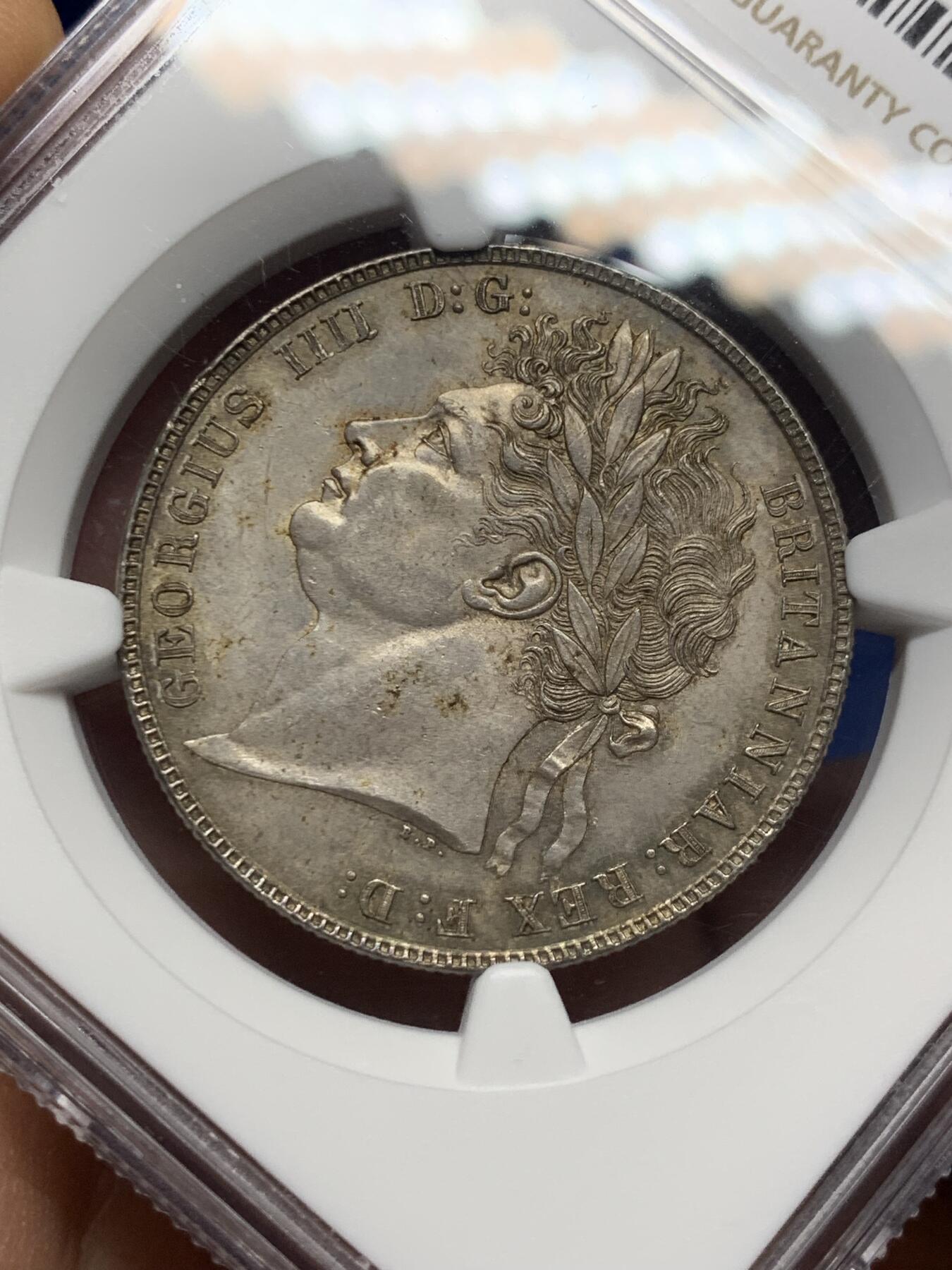 《竞宝斋》第358场 周日，周一  2场连拍 （全场包邮） NGC MS62 英国1821年乔治四世三花半克朗银币，欧洲老包浆，可砸盒博分