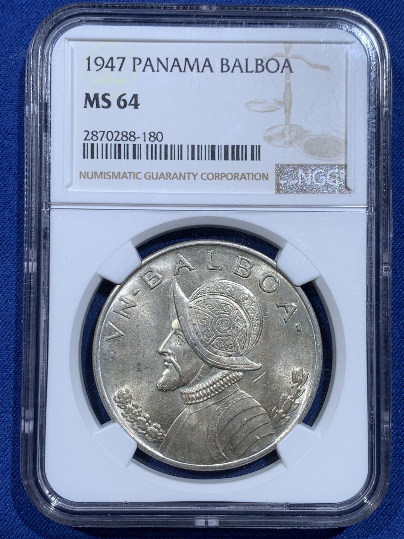 《竞宝斋》第358场 周日，周一  2场连拍 （全场包邮） NGC MS64 巴拿马1947年美女与牛仔1巴波亚银币，女神系大主币，好状态。