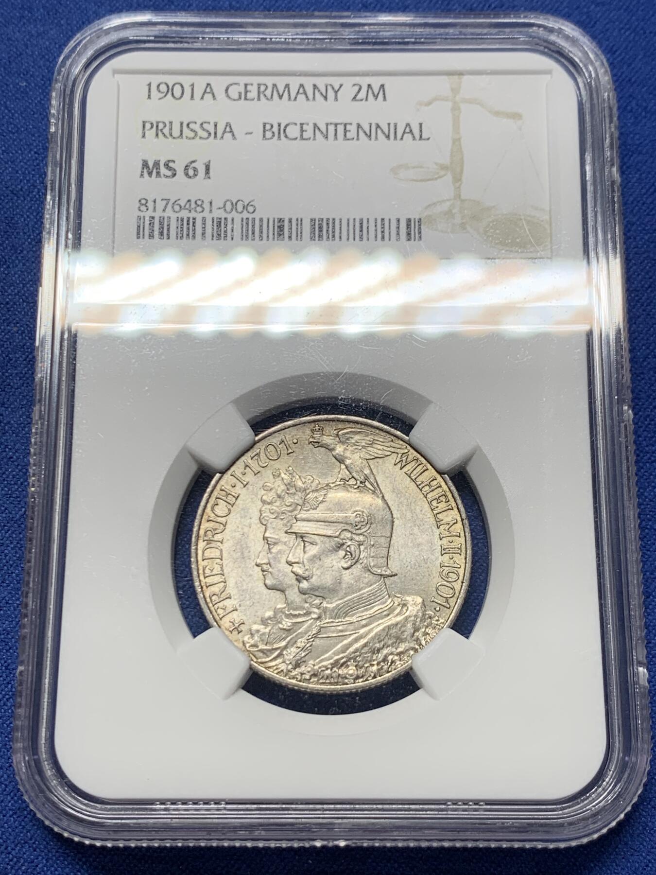 《竞宝斋》第358场 周日，周一  2场连拍 （全场包邮） NGC MS61 德国普鲁士1901年建国200周年纪念2马克银币