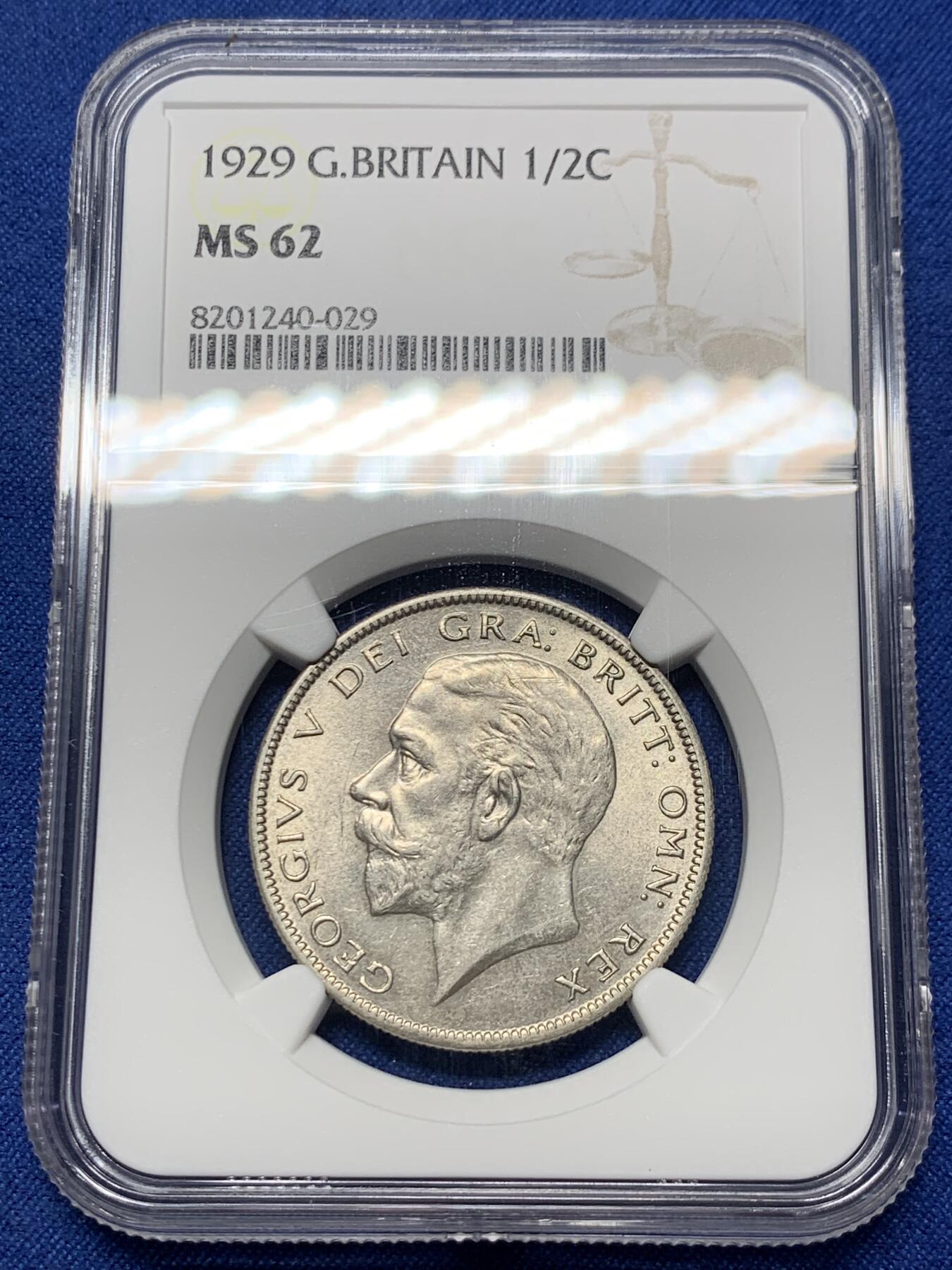 《竞宝斋》第358场 周日，周一  2场连拍 （全场包邮） NGC MS62 英国 1929年 乔治五世 半克朗 银币