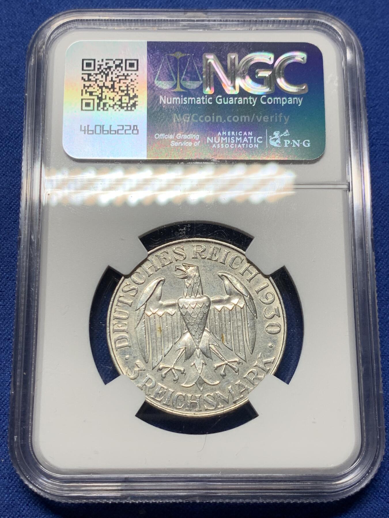 《竞宝斋》第358场 周日，周一  2场连拍 （全场包邮） NGC UNCD 德国魏玛共和国1930年齐柏林飞艇3马克银币