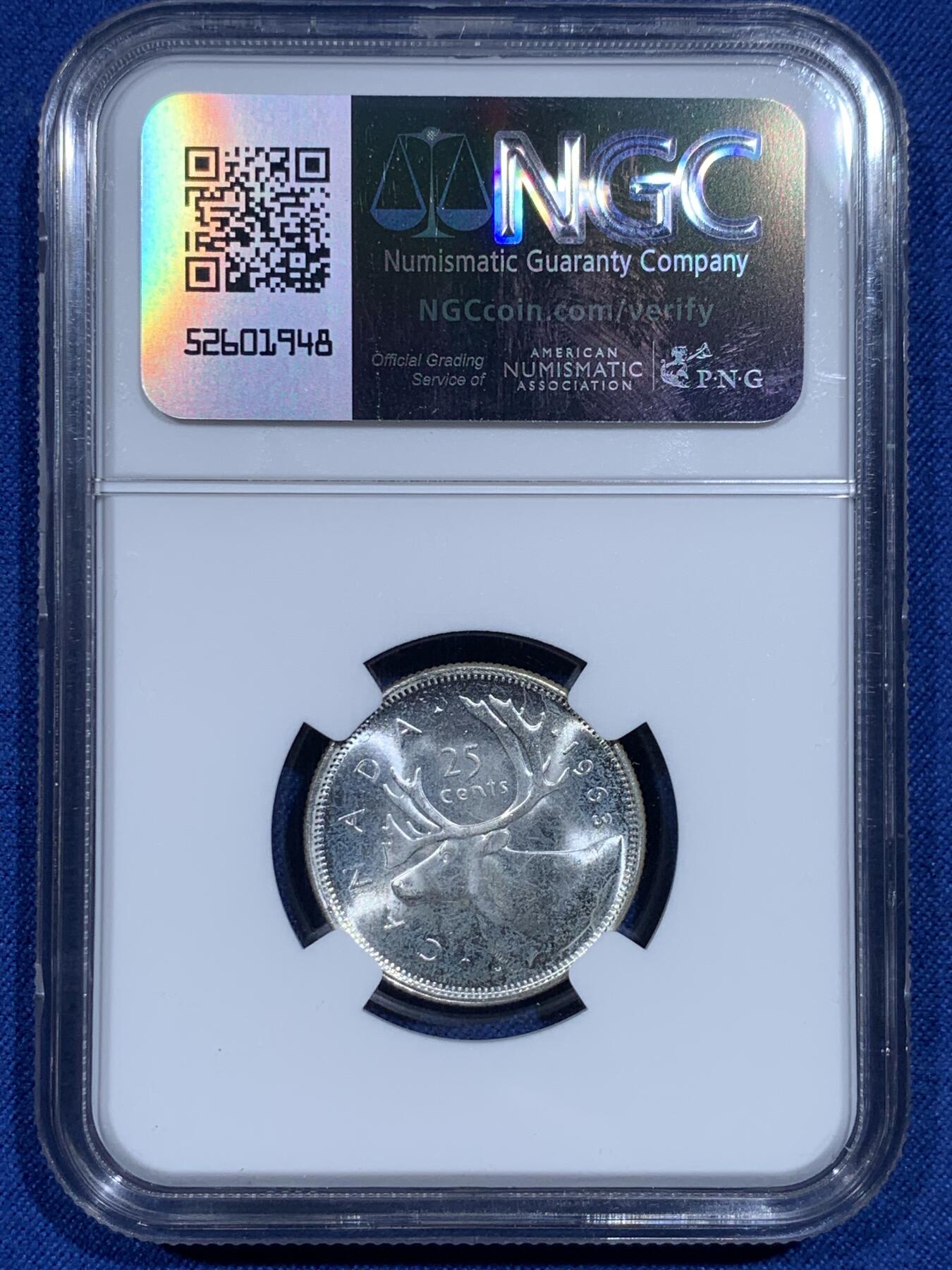 《竞宝斋》第358场 周日，周一  2场连拍 （全场包邮） NGC MS64 加拿大1963年伊丽莎白25分麋鹿银币