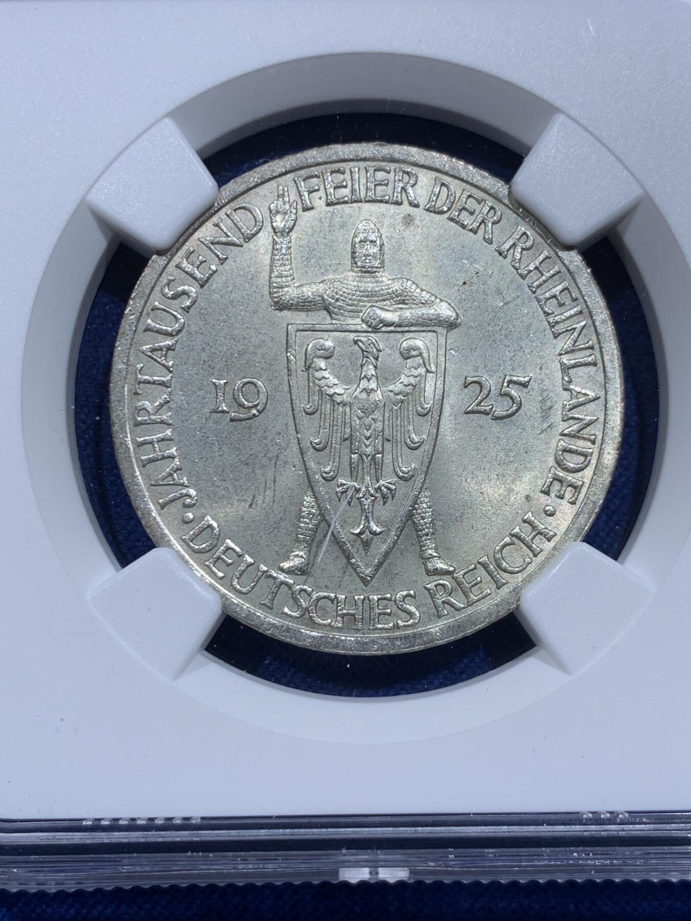 《竞宝斋》第359场 周日，周一  2场连拍 （全场包邮） NGC MS63 德国魏玛共和国1925年A版魏玛莱茵千年3马克银币
