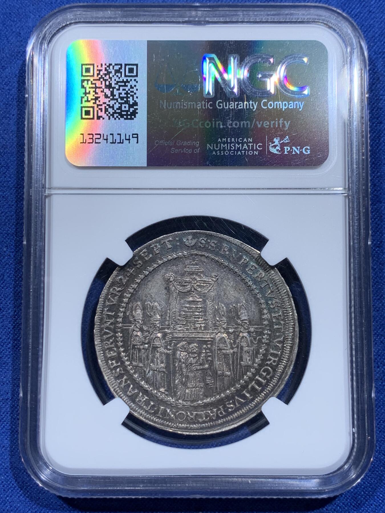 《竞宝斋》第359场 周日，周一  2场连拍 （全场包邮） NGC MS62 神圣罗马帝国萨尔茨堡 1628年 1/2泰勒 银币 稀少高分，俗称圣人抬棺银币。棺中相传为纯金版《摩西十诫》。醇美原味包浆。