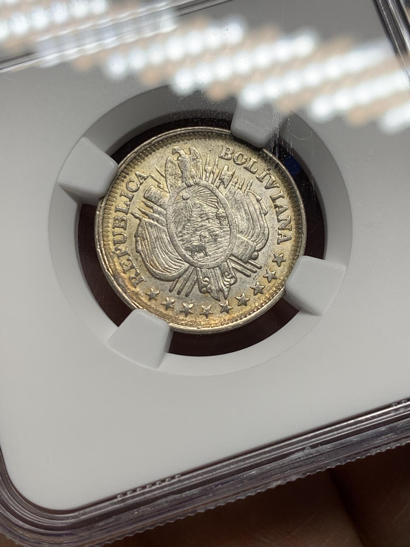 《竞宝斋》第359场 周日，周一  2场连拍 （全场包邮） NGC MS62 玻利维亚1885年20分银币