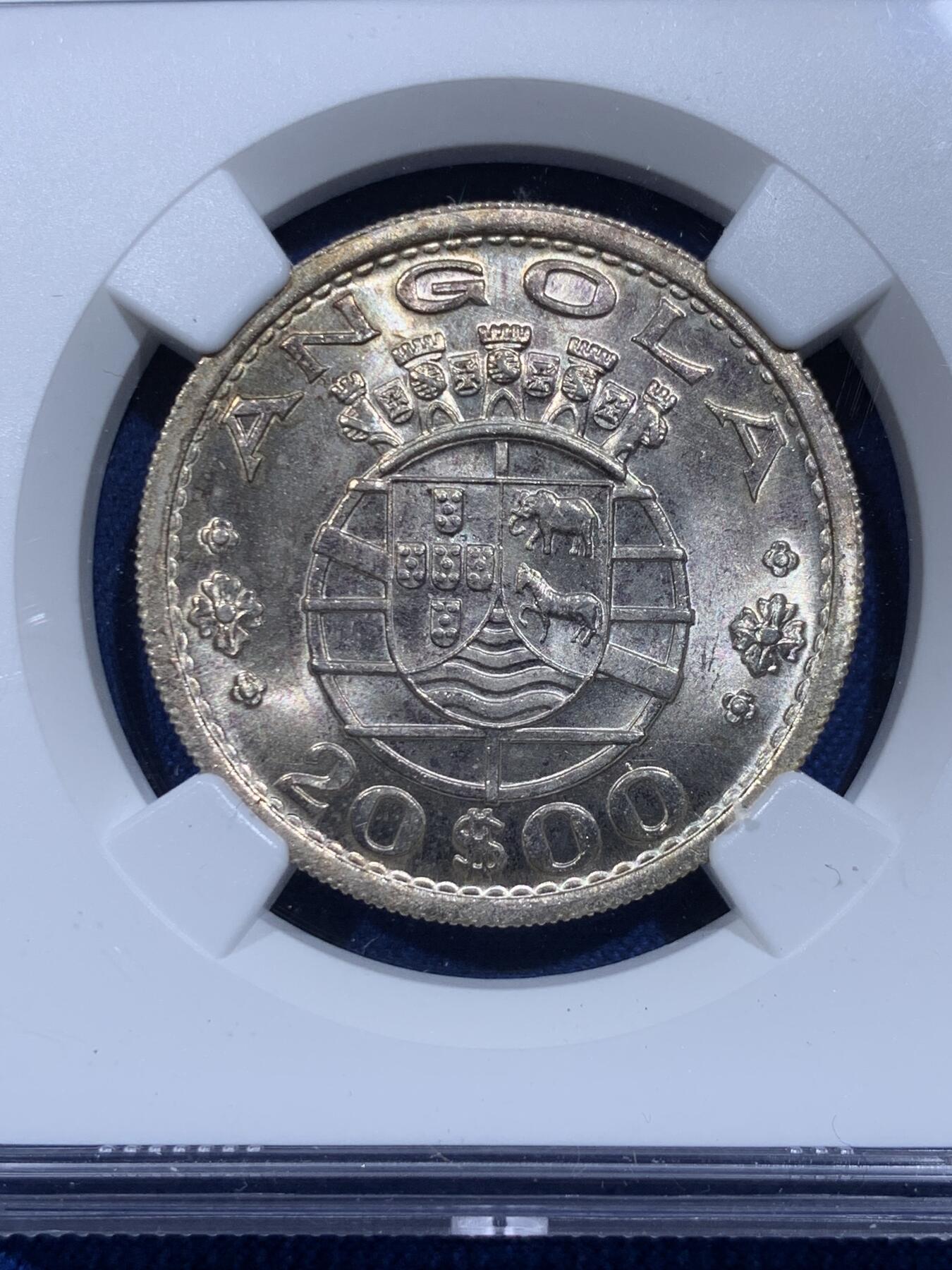 《竞宝斋》第359场 周日，周一  2场连拍 （全场包邮） NGC UNC 1955年葡属安哥拉20埃斯库多银币 转光强烈