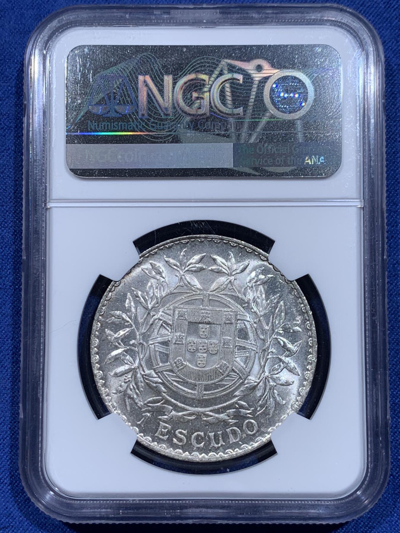 《竞宝斋》第359场 周日，周一  2场连拍 （全场包邮） NGC MS61 葡萄牙1916年谷物女神1埃斯库多大银币