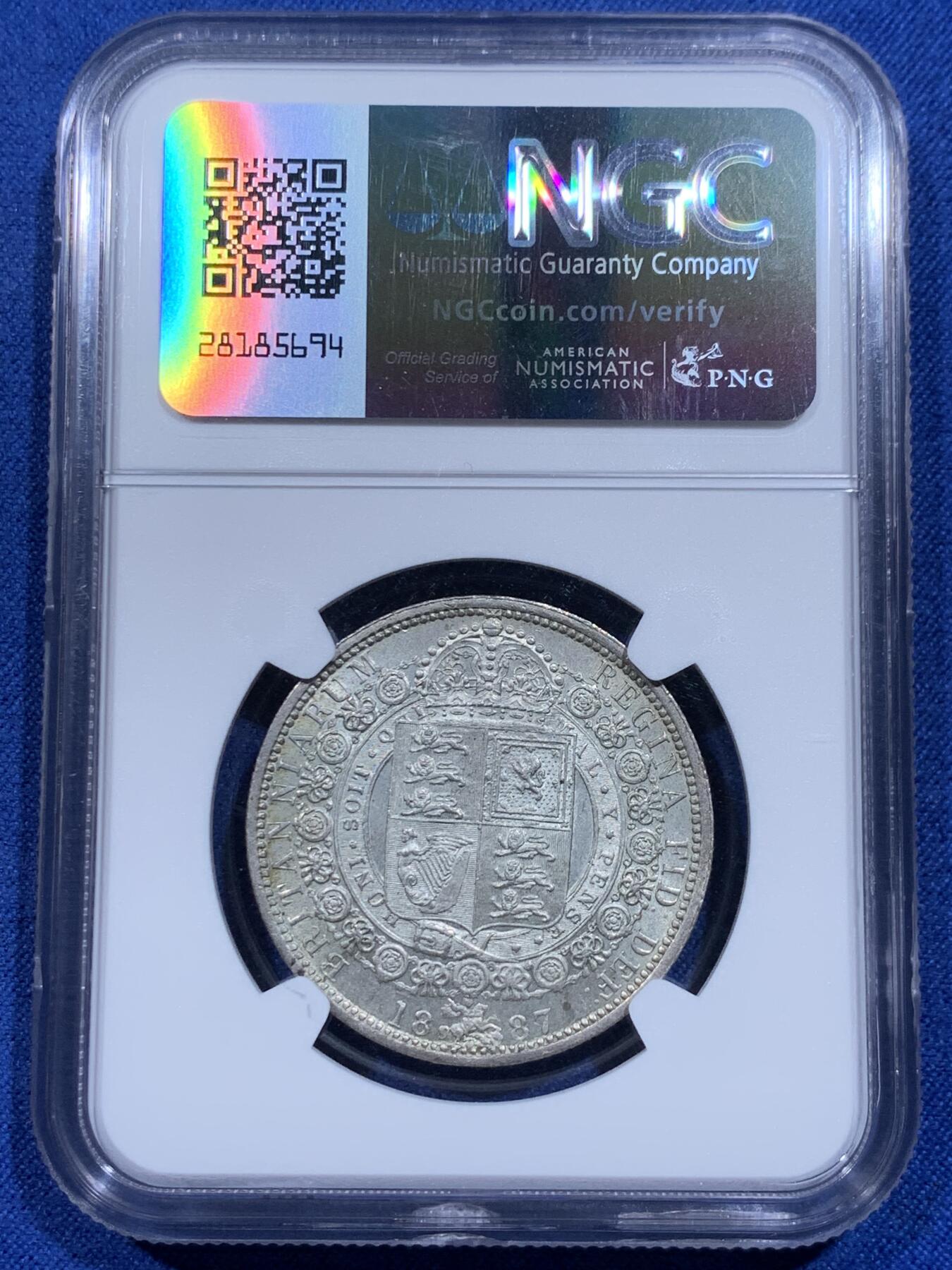 《竞宝斋》第359场 周日，周一  2场连拍 （全场包邮） NGC MS64 英国 1887年 维多利亚 高冠 1/2克朗银币
