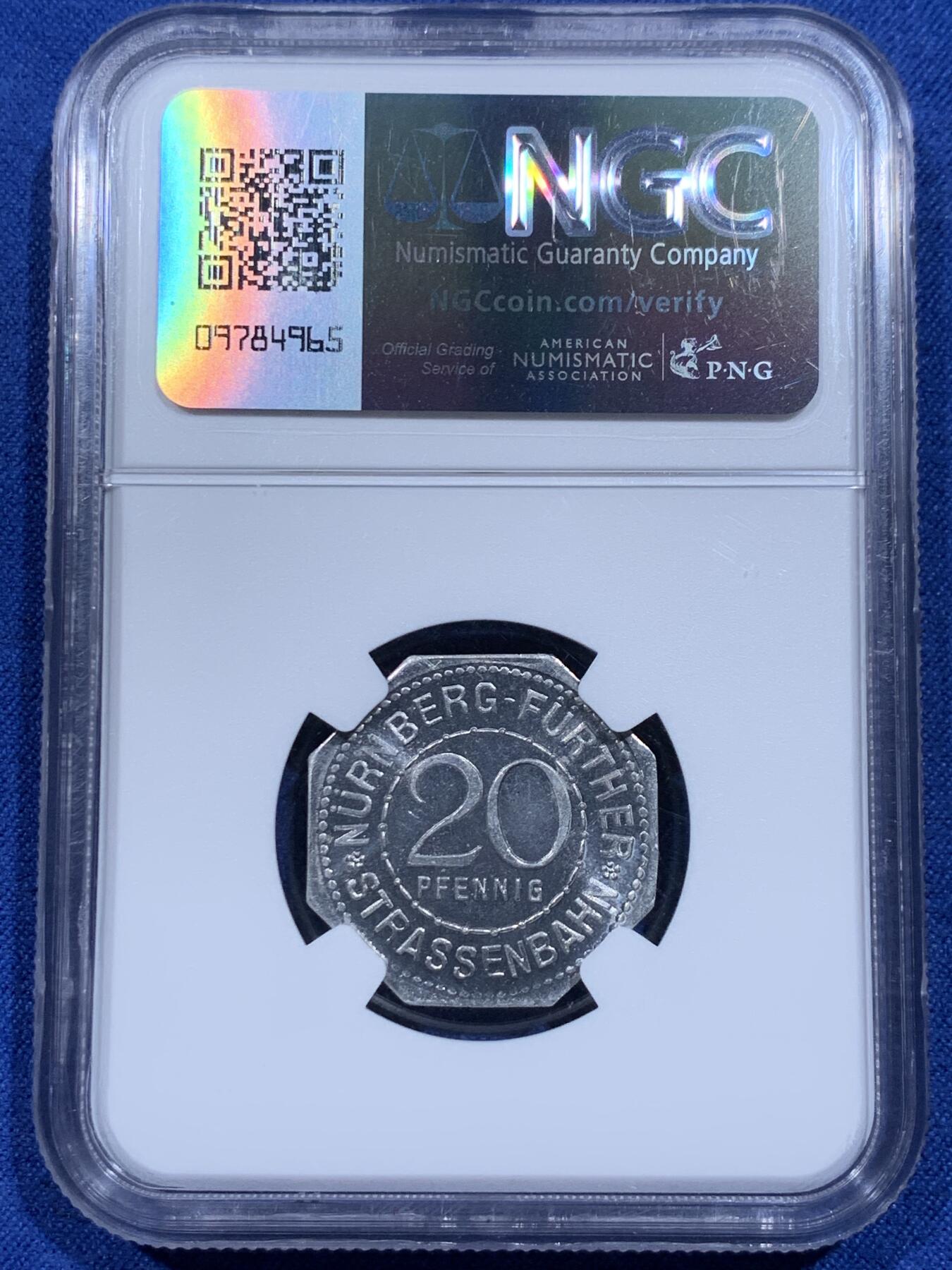 《竞宝斋》第359场 周日，周一  2场连拍 （全场包邮） NGC MS66 德国1920年纽伦堡电车八角代用币