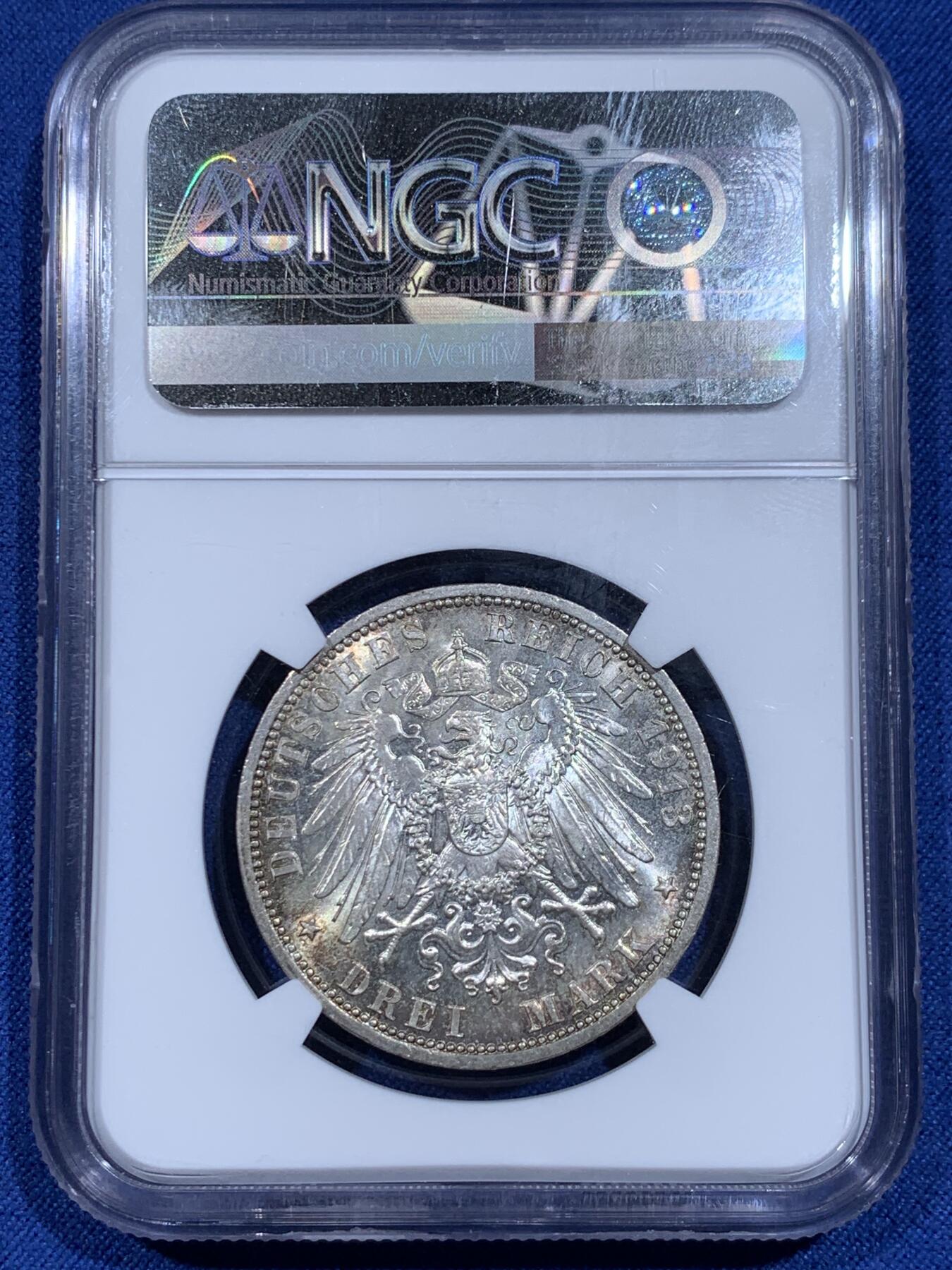 《竞宝斋》第359场 周日，周一  2场连拍 （全场包邮） NGC MS62 德国 1913年 威廉二世 军装 3马克 银币 原光