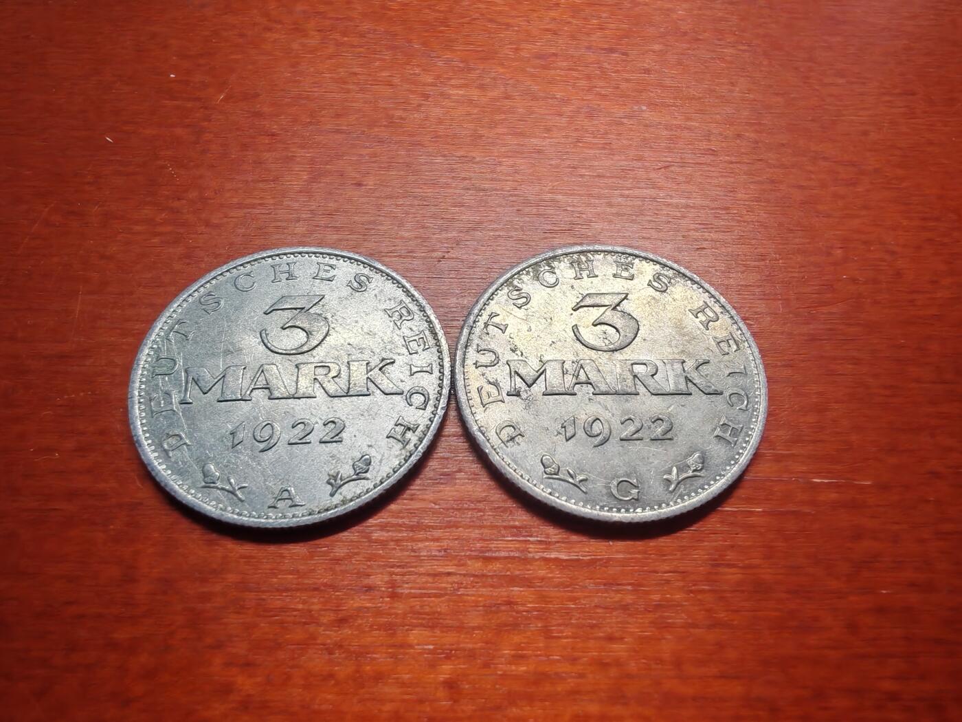 长老汇蛇年精选第六场拍卖 1922德国魏玛共和国3马克铝币两枚（5）