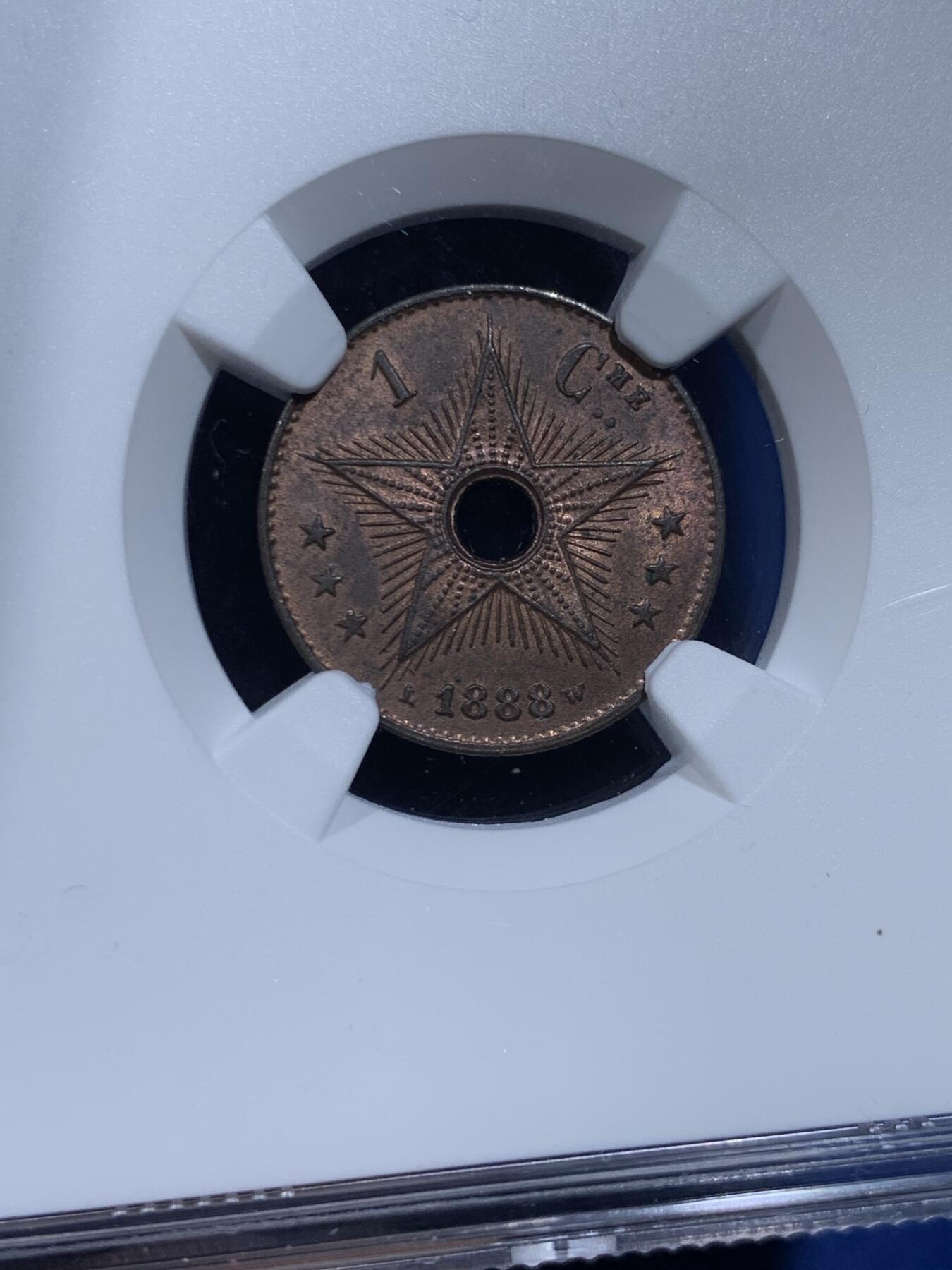 《竞宝斋》第359场 周日，周一  2场连拍 （全场包邮） NGC MS63RB 比属刚果1888年1分小铜币 两面原铜光 细节清晰 划痕少 个人认为低评了 高价品种