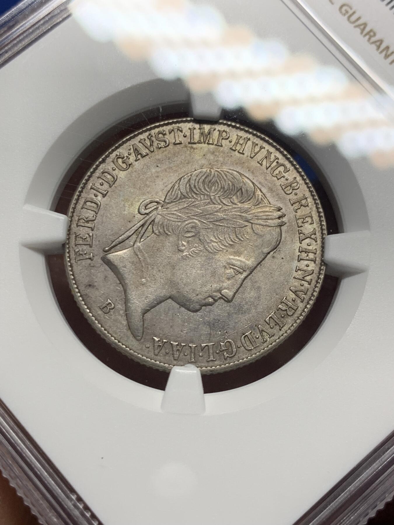 《竞宝斋》第359场 周日，周一  2场连拍 （全场包邮） NGC AU58 匈牙利王国1848年斐迪南一世独立战争时期20k银币 背圣母抱婴