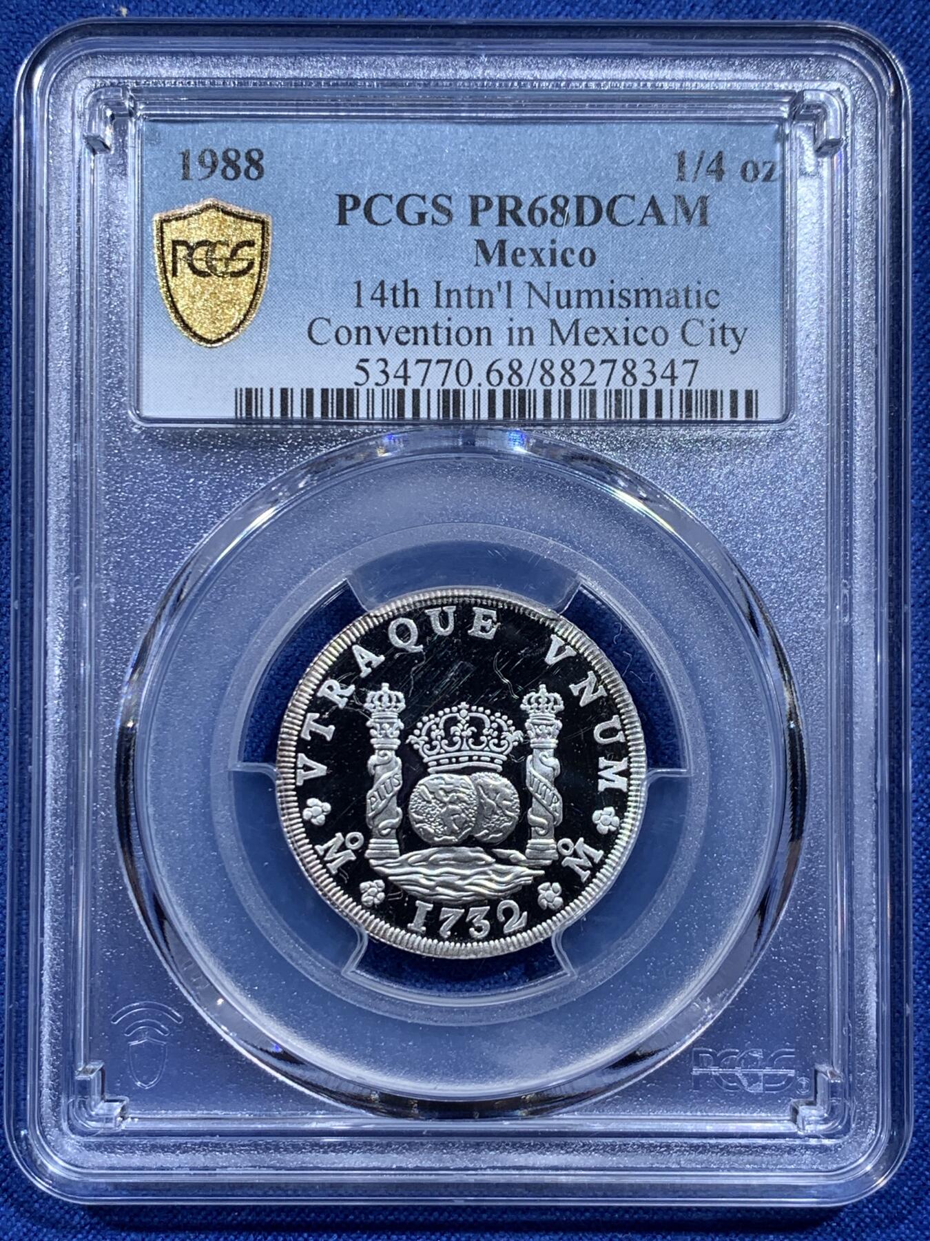 《竞宝斋》第359场 周日，周一  2场连拍 （全场包邮） PCGS PR68DCAM 墨西哥 1988年 1/4oz 精制银质代币 亚军分 更高分仅2枚