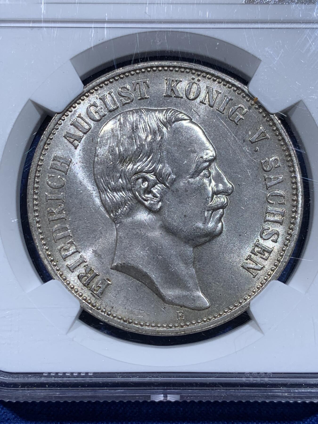 《竞宝斋》第359场 周日，周一  2场连拍 （全场包邮） NGC MS63+ 德国1914年萨克森奥古斯特5马克大银币，普品常见，好品难得。