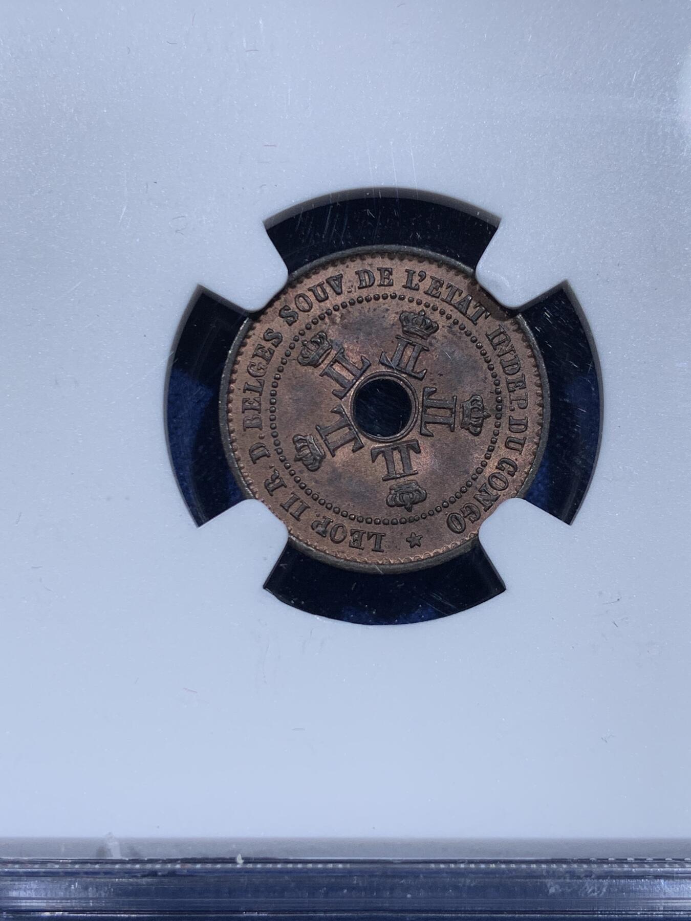 《竞宝斋》第359场 周日，周一  2场连拍 （全场包邮） NGC MS63RB 比属刚果1888年1分小铜币 两面原铜光 细节清晰 划痕少 个人认为低评了 高价品种