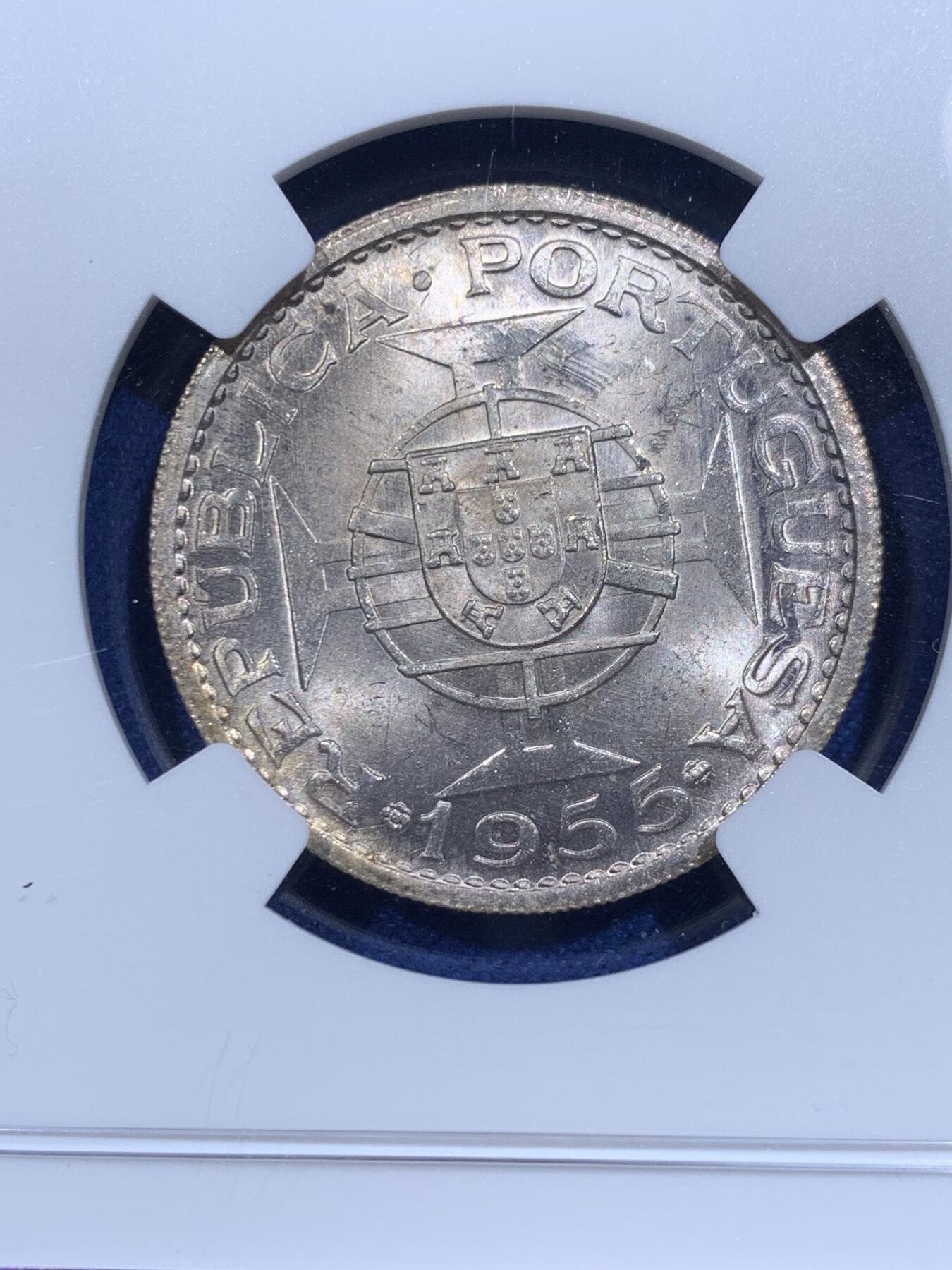 《竞宝斋》第359场 周日，周一  2场连拍 （全场包邮） NGC UNC 1955年葡属安哥拉20埃斯库多银币 转光强烈